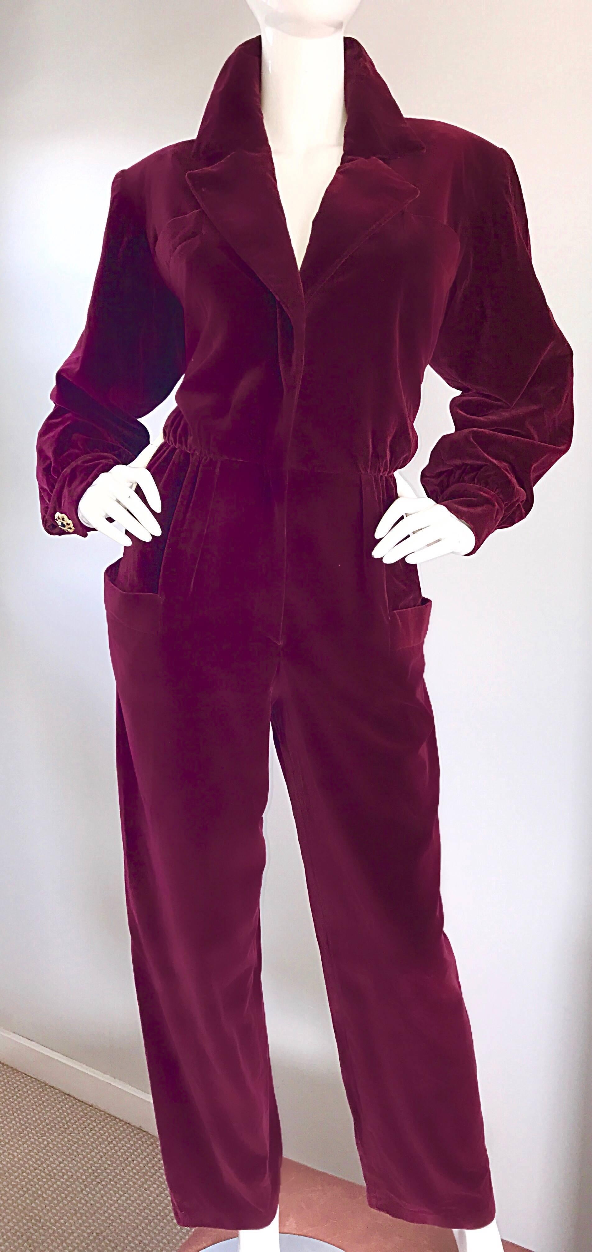 Black Rare Vintage YSL Yves Saint Laurent Rive Gauche Burgundy Velvet 1970s Jumpsuit
