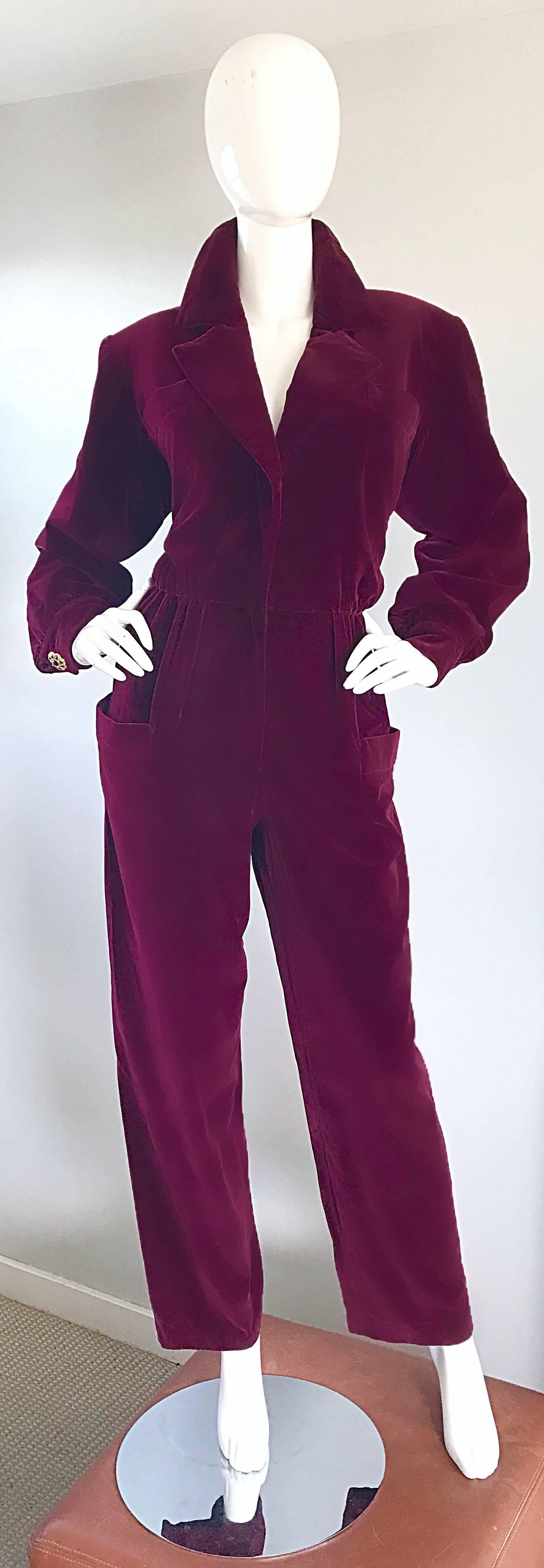 Women's Rare Vintage YSL Yves Saint Laurent Rive Gauche Burgundy Velvet 1970s Jumpsuit