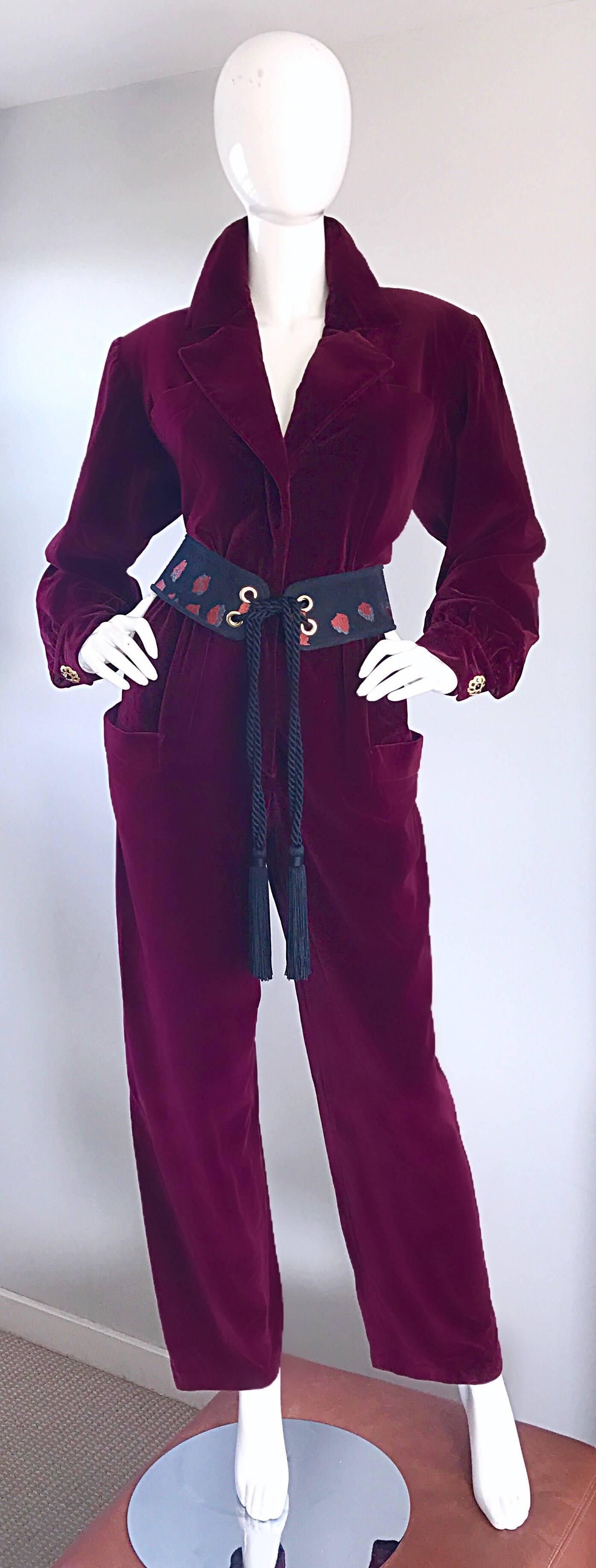 Rare Vintage YSL Yves Saint Laurent Rive Gauche Burgundy Velvet 1970s Jumpsuit 1