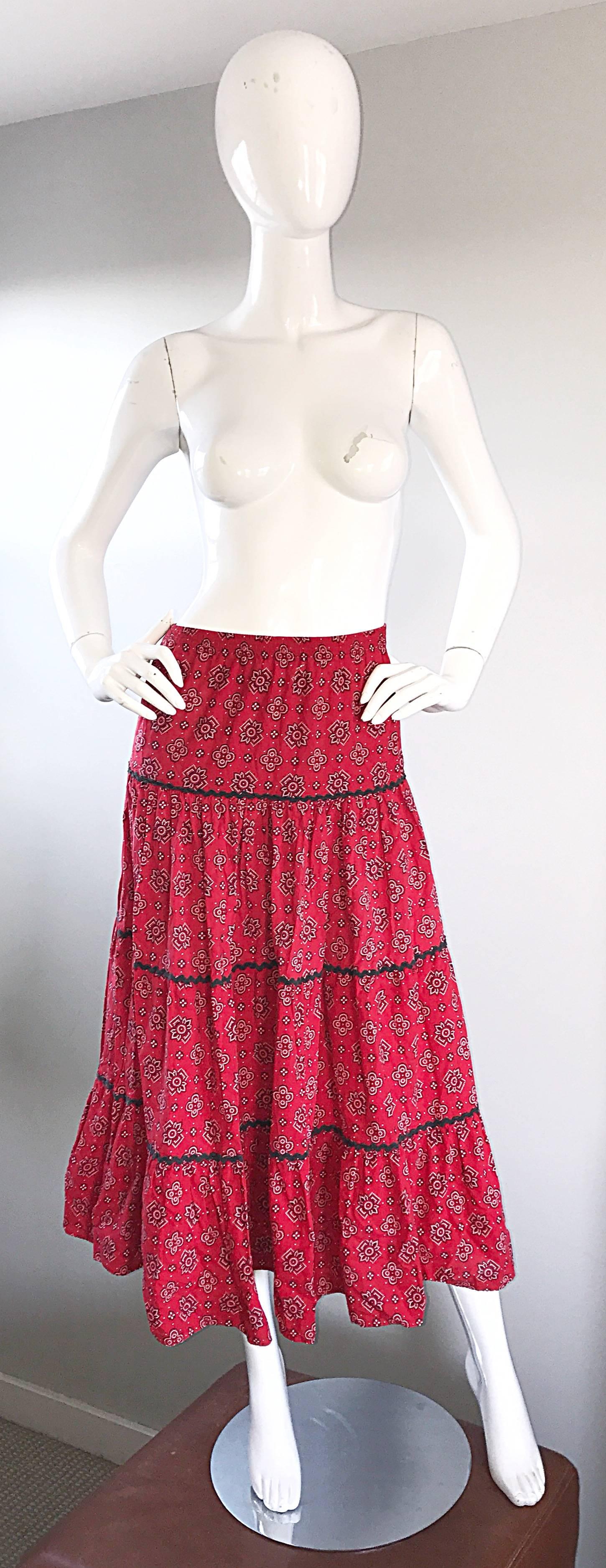 Chic 1970s JOSEPH MAGNIN red bandana print cotton boho midi skirt or strapless dress! Red and white paisley print, with black ric rac trim between each tier. Hits midi length (between the ankle and knee. Can also be worn as a strapless tube