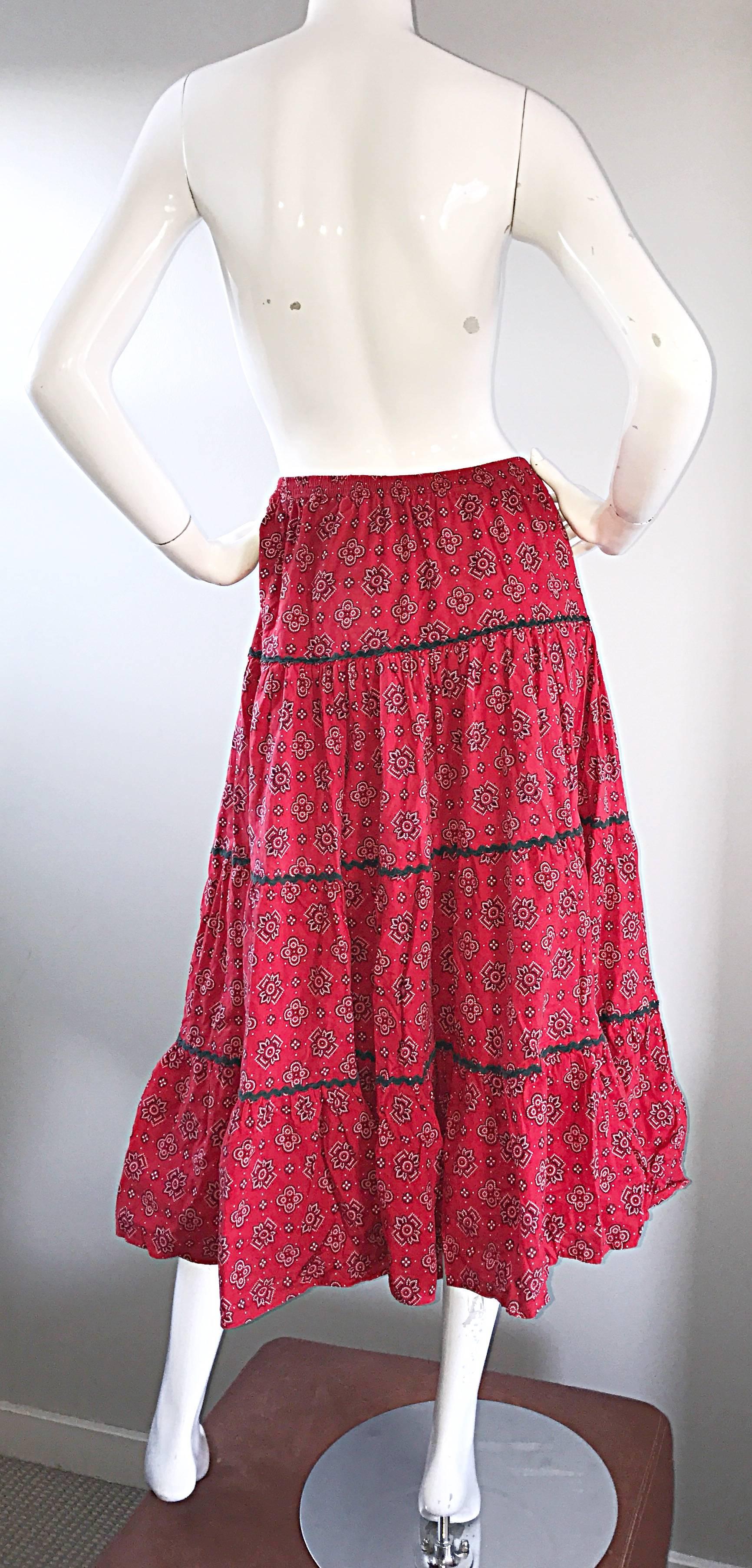 1970s Joseph Magnin Bandana Print in Red Paisley Tiered Midi Boho Skirt ...