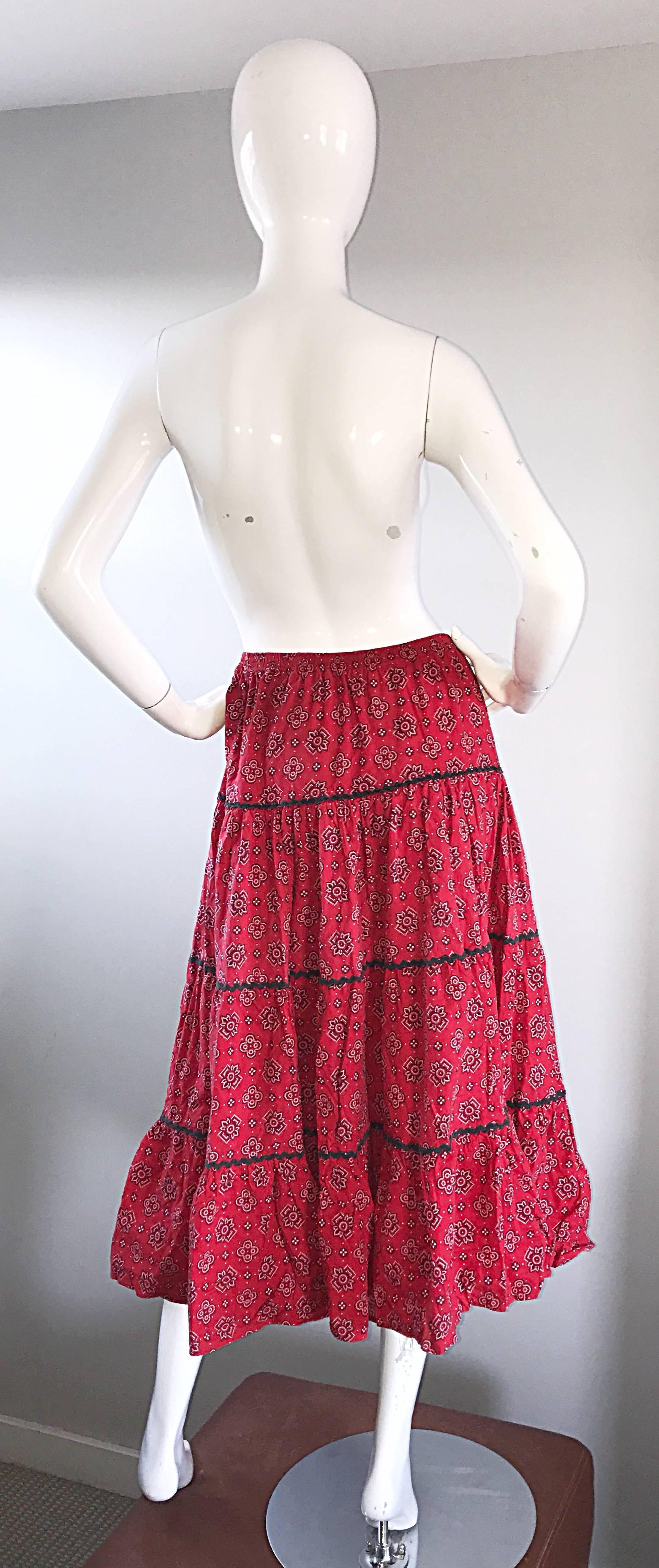 1970s Joseph Magnin Bandana Print in Red Paisley Tiered Midi Boho Skirt or Dress For Sale 1