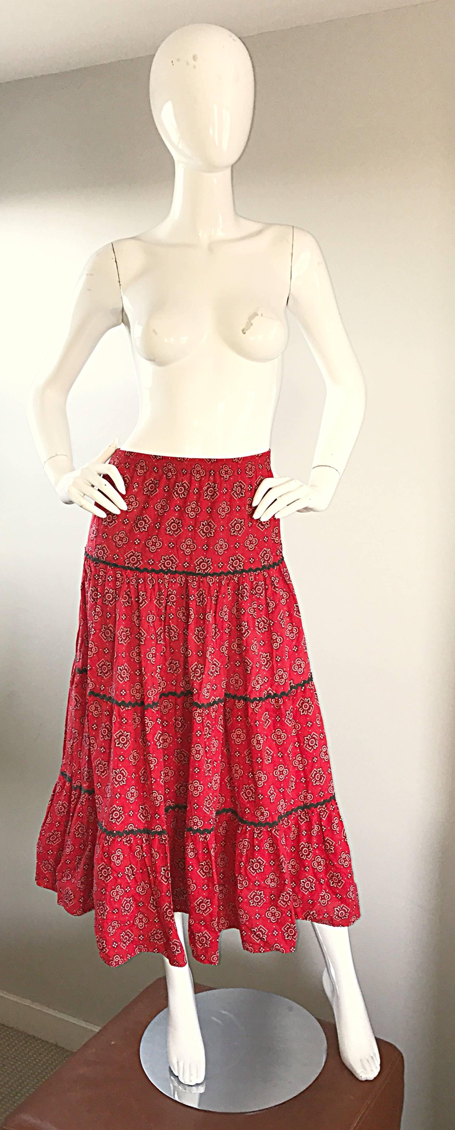 1970s Joseph Magnin Bandana Print in Red Paisley Tiered Midi Boho Skirt or Dress For Sale 2