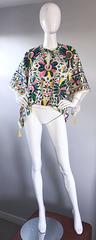 1970s Boho Hand Painted Hippie Ethnic Tassel Vintage 70s Cotton Poncho Cape Top