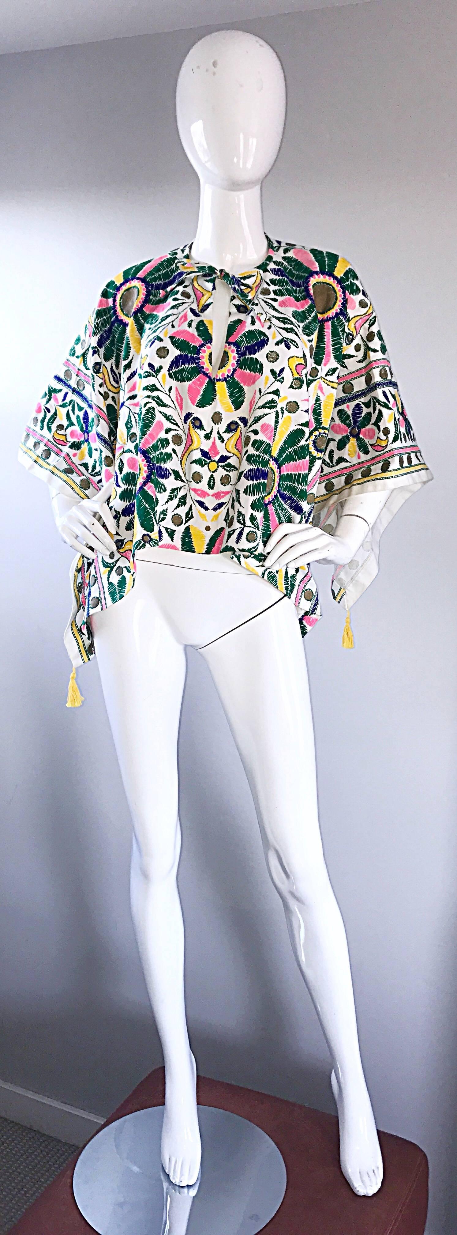 1970s Boho Hand Painted Hippie Ethnic Tassel Vintage 70s Cotton Poncho Cape Top  5