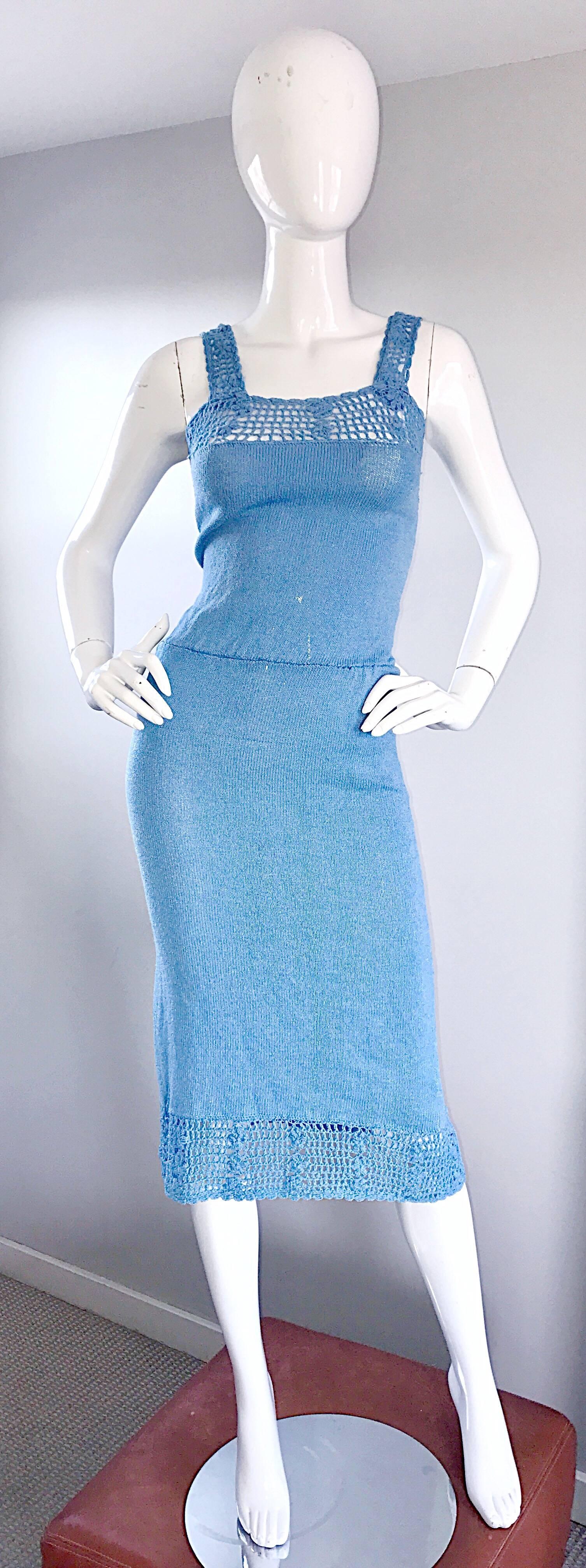 Gorgeous vintage 1970s OSCAR DE LA RENTA pale blue knit crochet dress! Fantastic fit, with so much attention to detail. Crochet detail above the bust, on the straps, and at the hem. Comfortable cotton knit stretches to hug the body. Can easily be