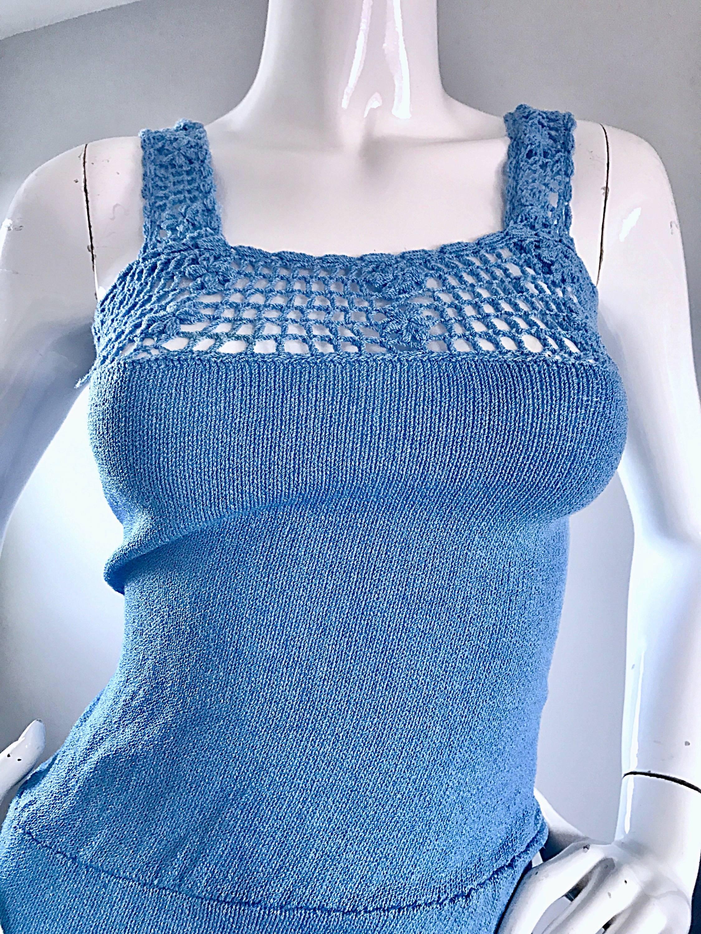 Oscar De La Renta Vestido vintage sin mangas de punto de crochet azul claro, años 70 Azul en venta