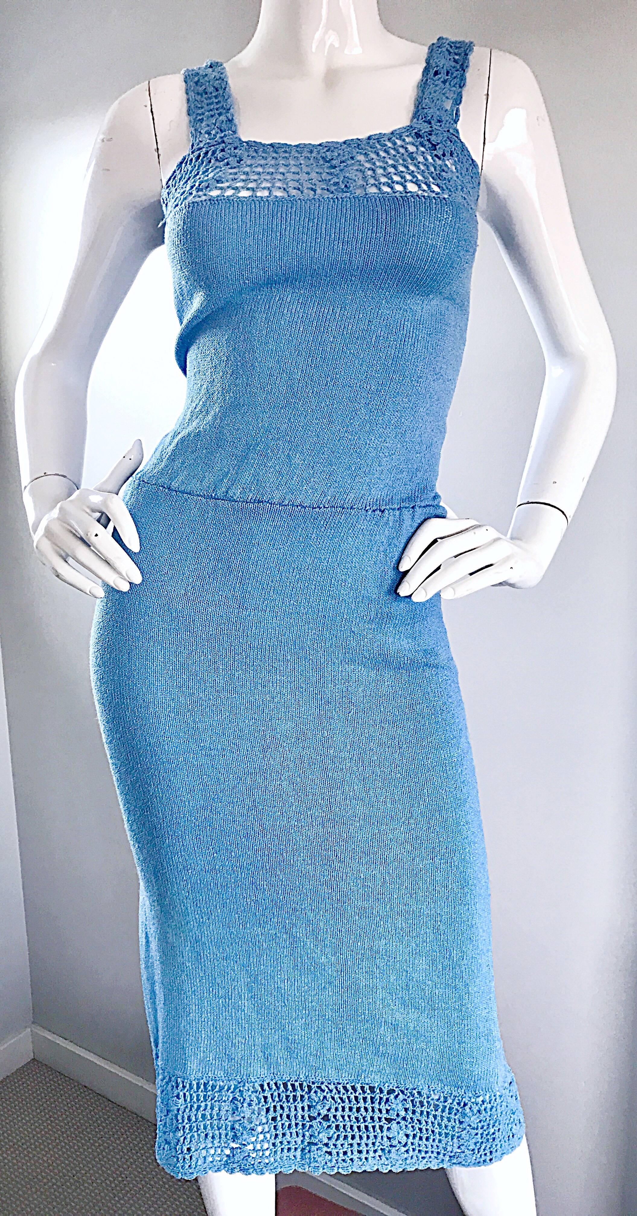 Oscar de la Renta Light Blue Knit Crochet Vintage Sleeveless Dress, 1970s  In Excellent Condition For Sale In San Diego, CA