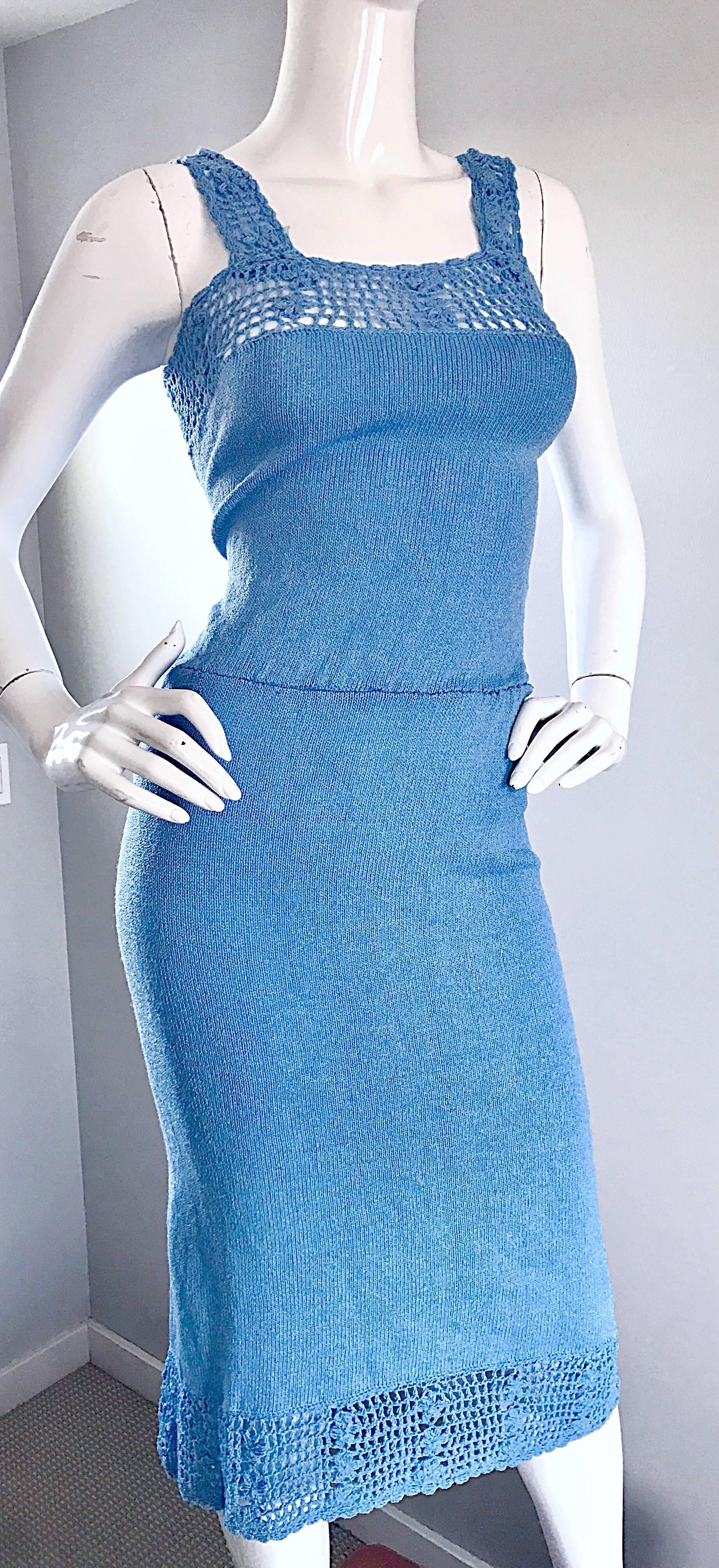 Women's Oscar de la Renta Light Blue Knit Crochet Vintage Sleeveless Dress, 1970s  For Sale