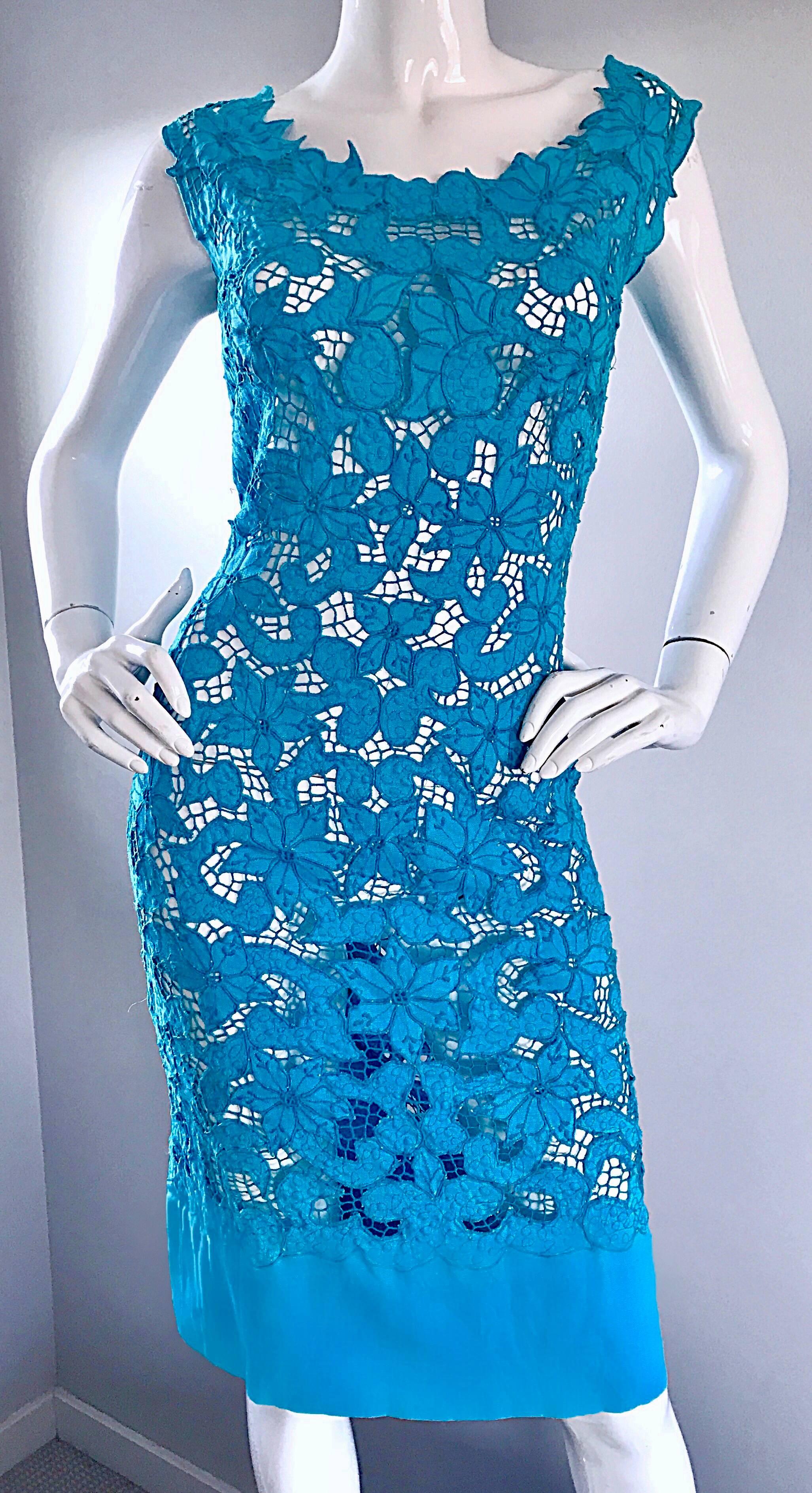 Blue 1950s Demi Couture Turquoise Vintage 50s Crochet Cut - Out Wiggle Linen Dress