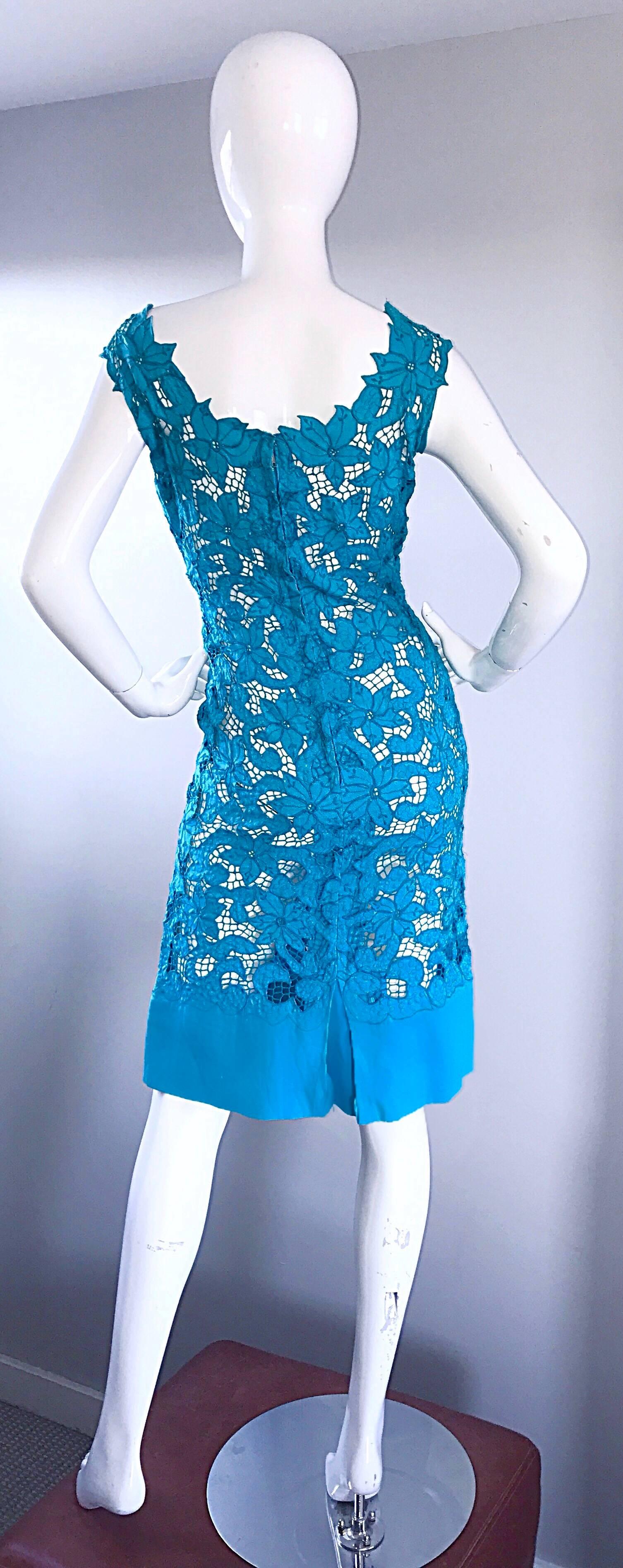 1950s Demi Couture Turquoise Vintage 50s Crochet Cut - Out Wiggle Linen Dress In Excellent Condition In San Diego, CA