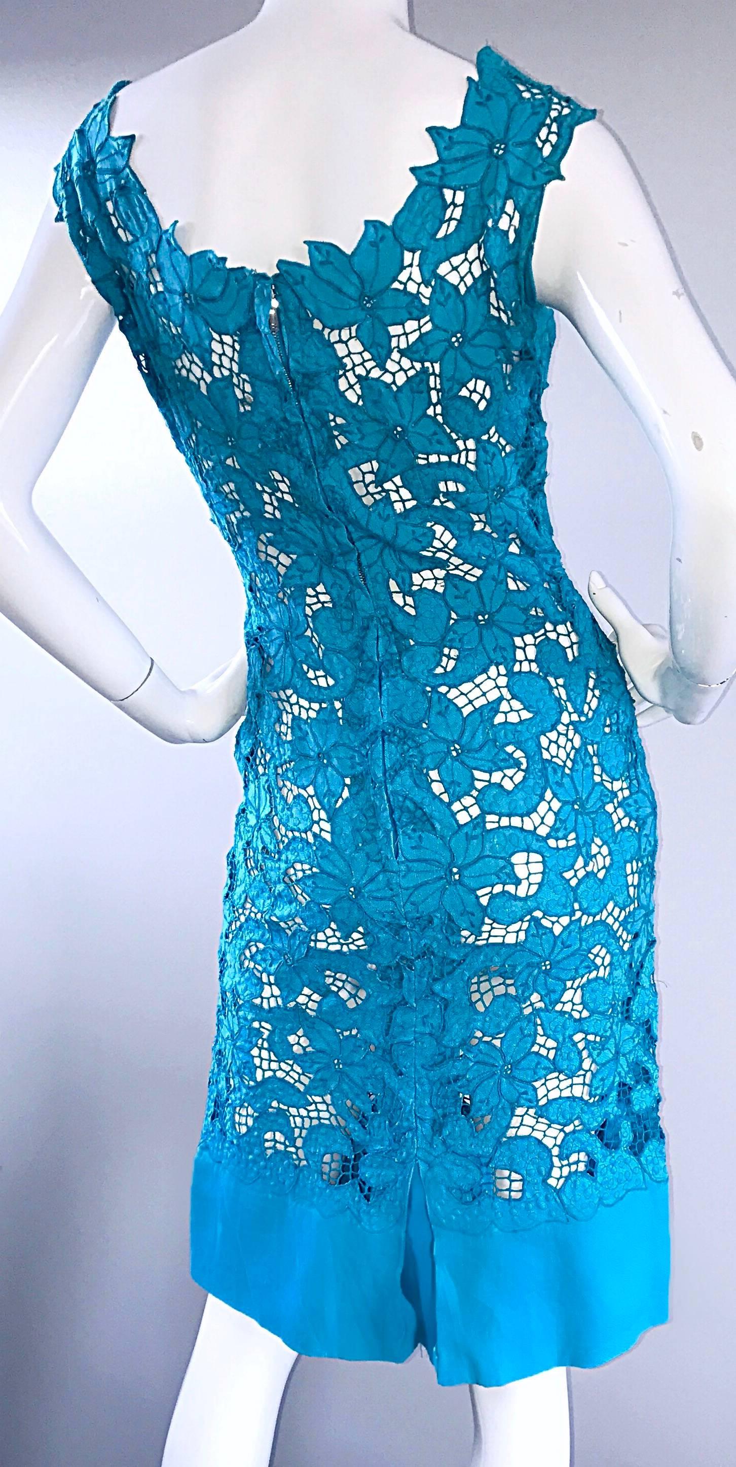 Women's 1950s Demi Couture Turquoise Vintage 50s Crochet Cut - Out Wiggle Linen Dress