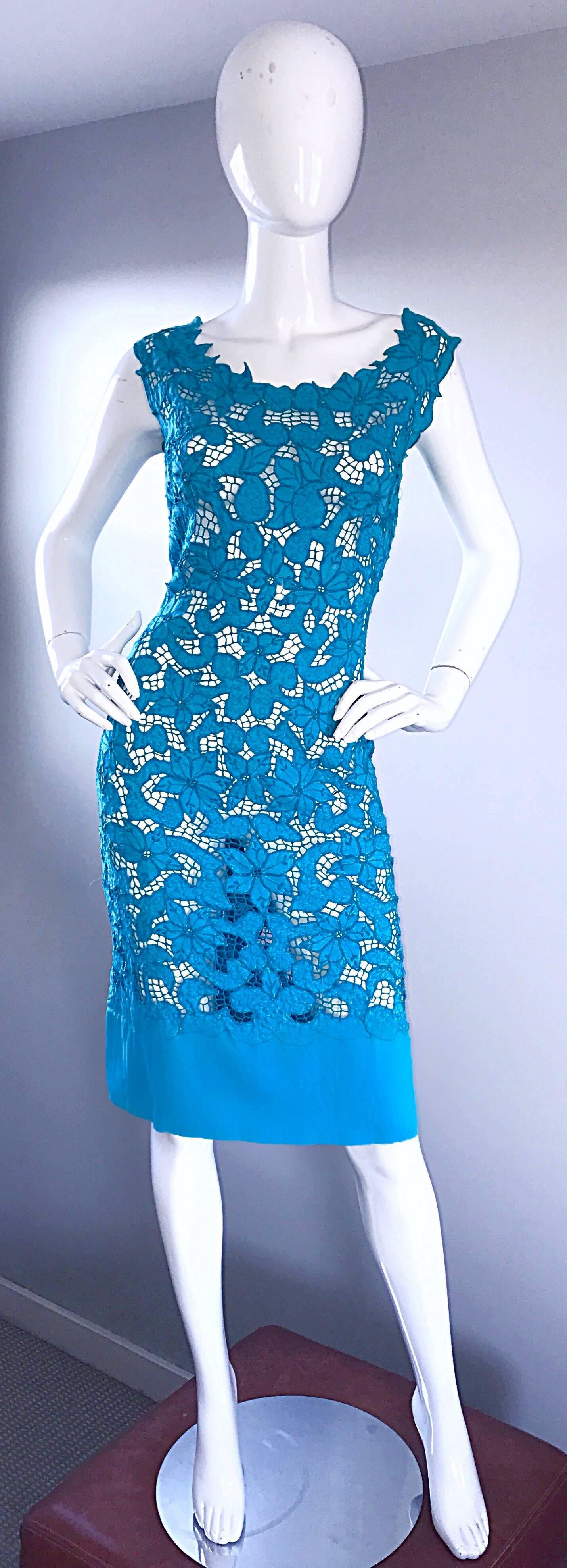 1950s Demi Couture Turquoise Vintage 50s Crochet Cut - Out Wiggle Linen Dress 1