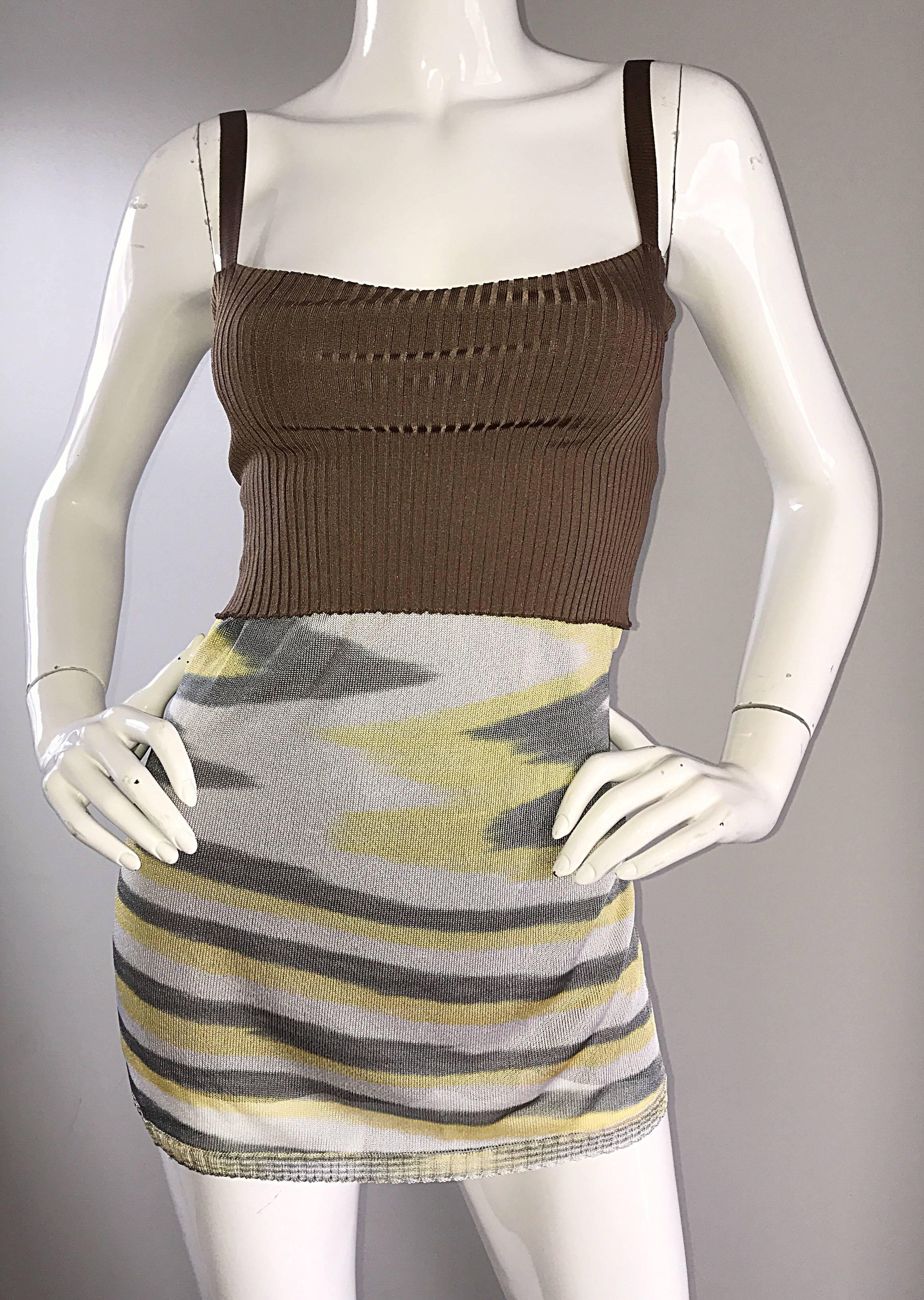 Gray 1990s Missoni 90s Vintage Mini Dress, Tunic Top, Or Skirt Zig Zag Brown + Yellow