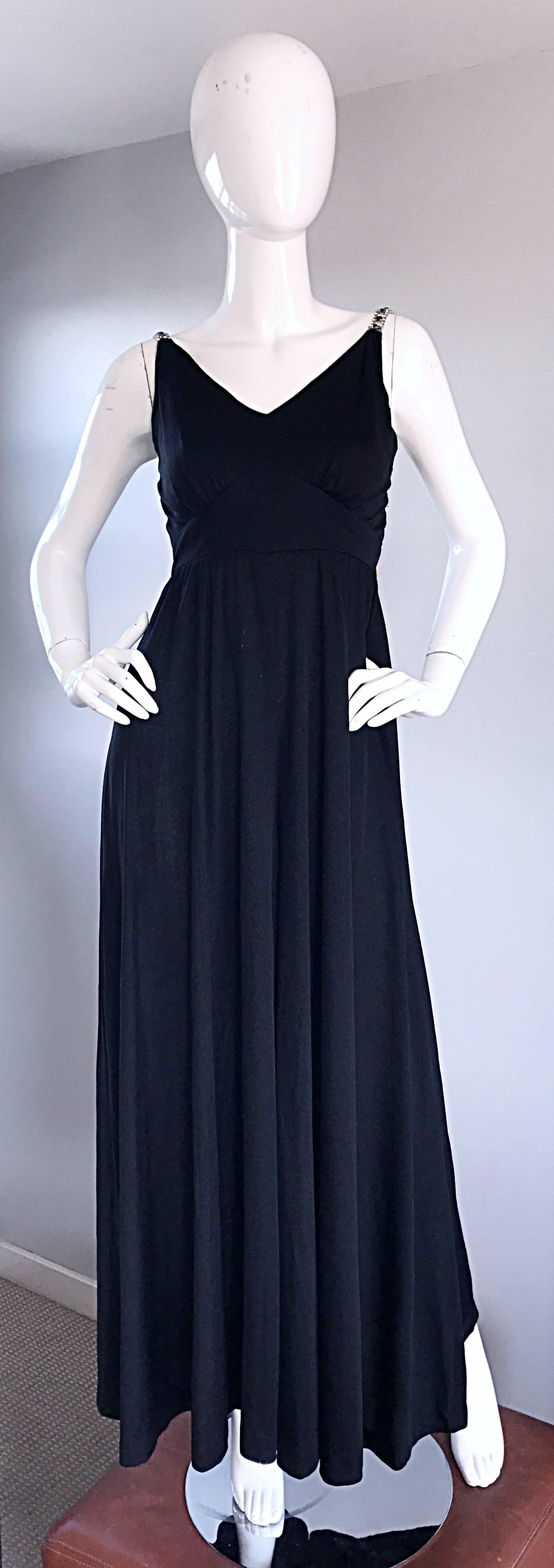 Sensational late 1960s / early 1970s 70s  PATTY PICKENS black jersey + rhinestone palazzo wide leg jumpsuit! Looks like a chic black gown, until you walk! Rhinestone straps, with black gem stones mixed in. Full metal zipper up the back with
