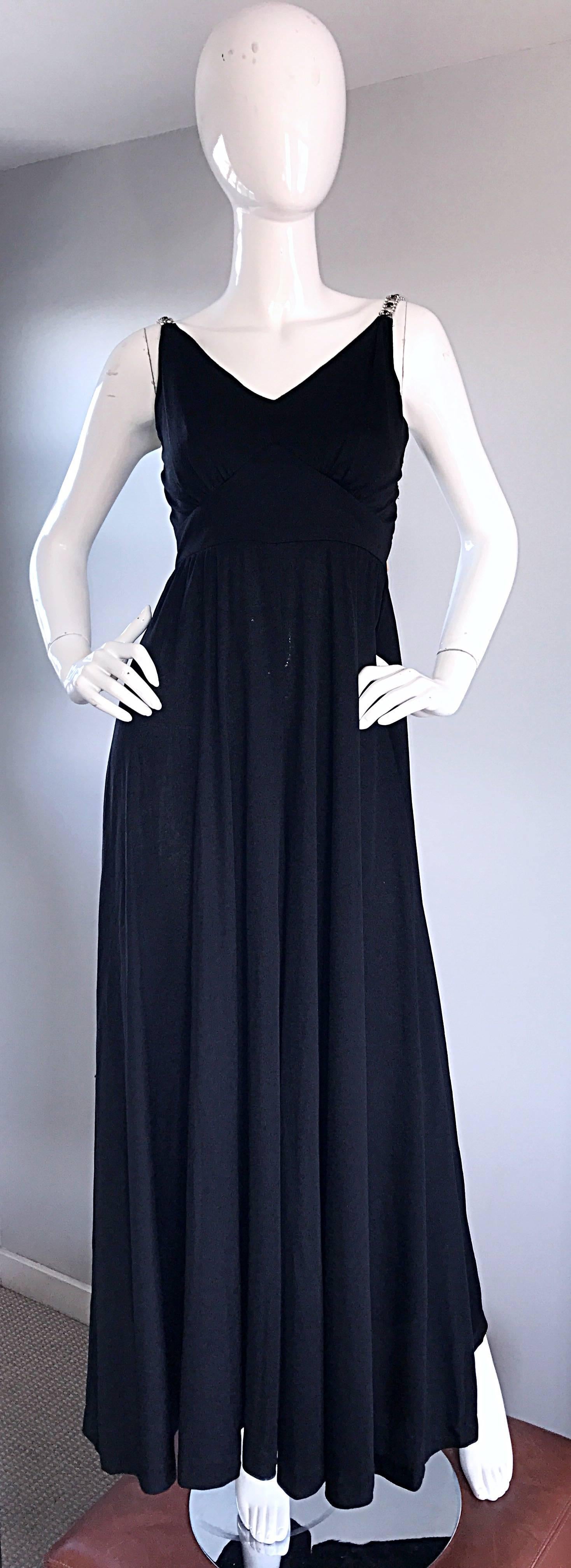 1960s Patty Pickens Black Jersey Rhinestone 60s Vintage Palazzo Leg Jumpsuit  In Excellent Condition For Sale In San Diego, CA