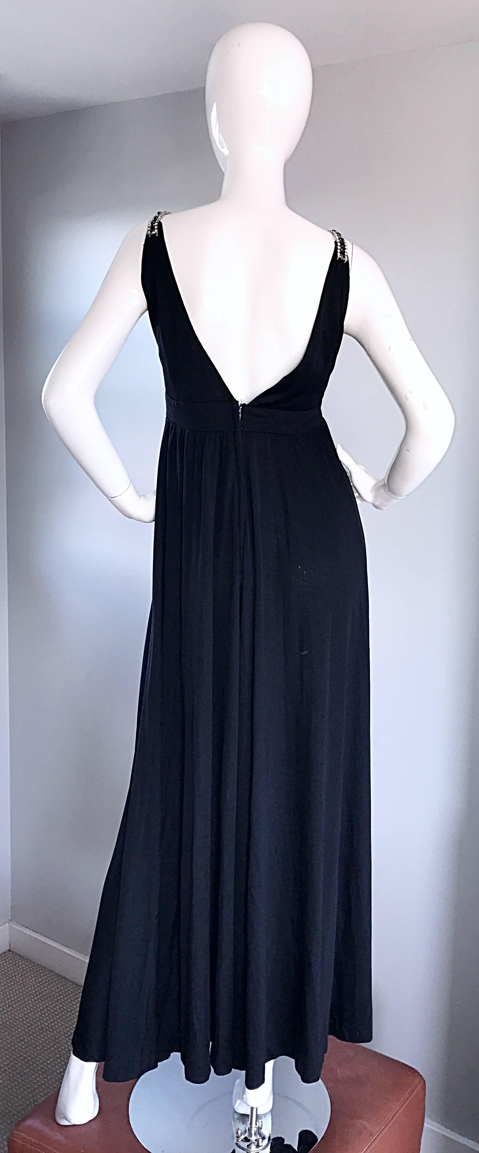 1960s Patty Pickens Black Jersey Rhinestone 60s Vintage Palazzo Leg Jumpsuit For Sale 1