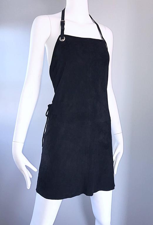 Helmut Lang Early 1990s Rare Black Leather Suede Apron Halter Dress Vintage  90s For Sale at 1stDibs | suede halter dress, calvin klein apron dress, leather  apron dress