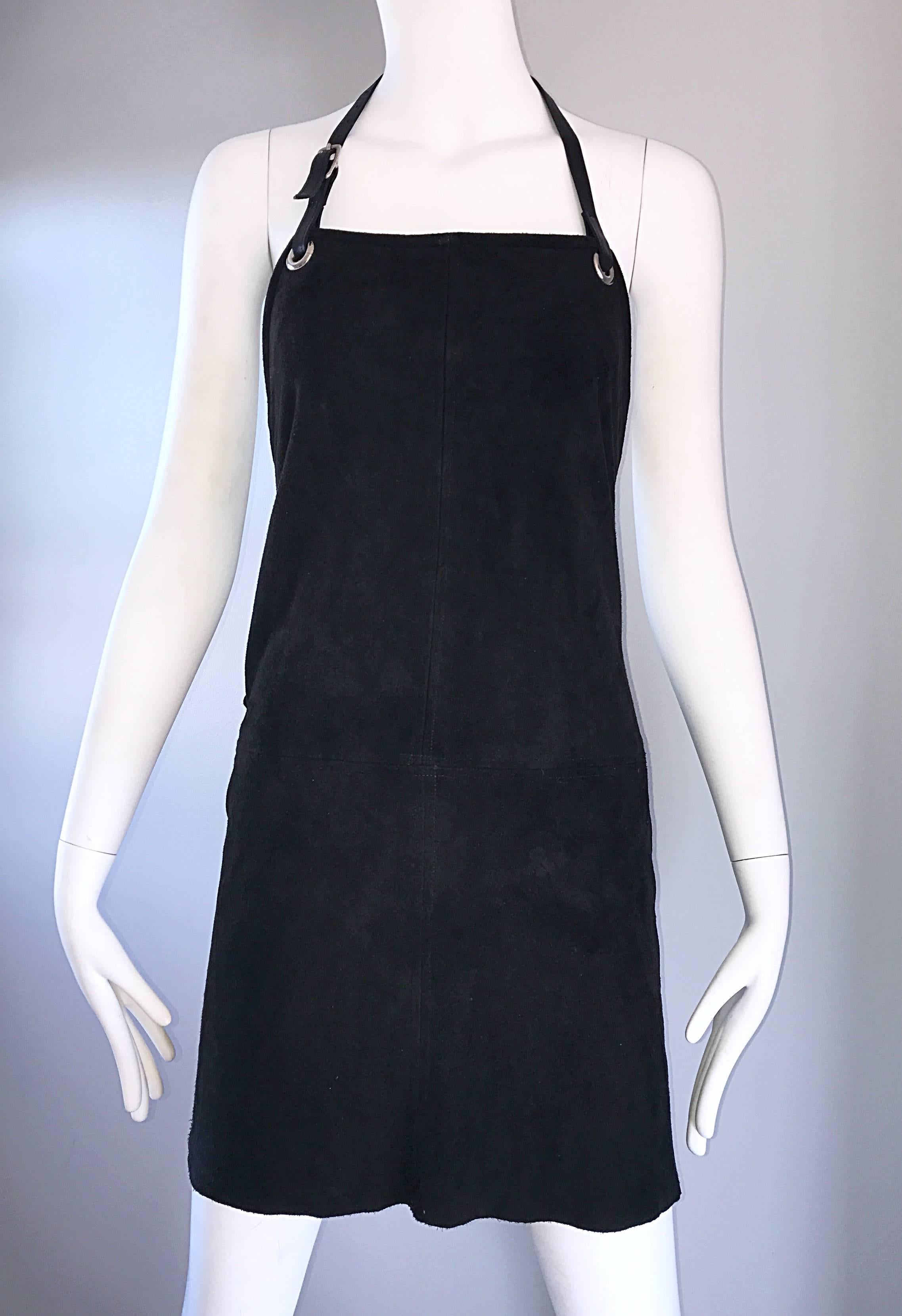 Helmut Lang Early 1990s Rare Black Leather Suede Apron Halter Dress Vintage 90s In Excellent Condition For Sale In San Diego, CA