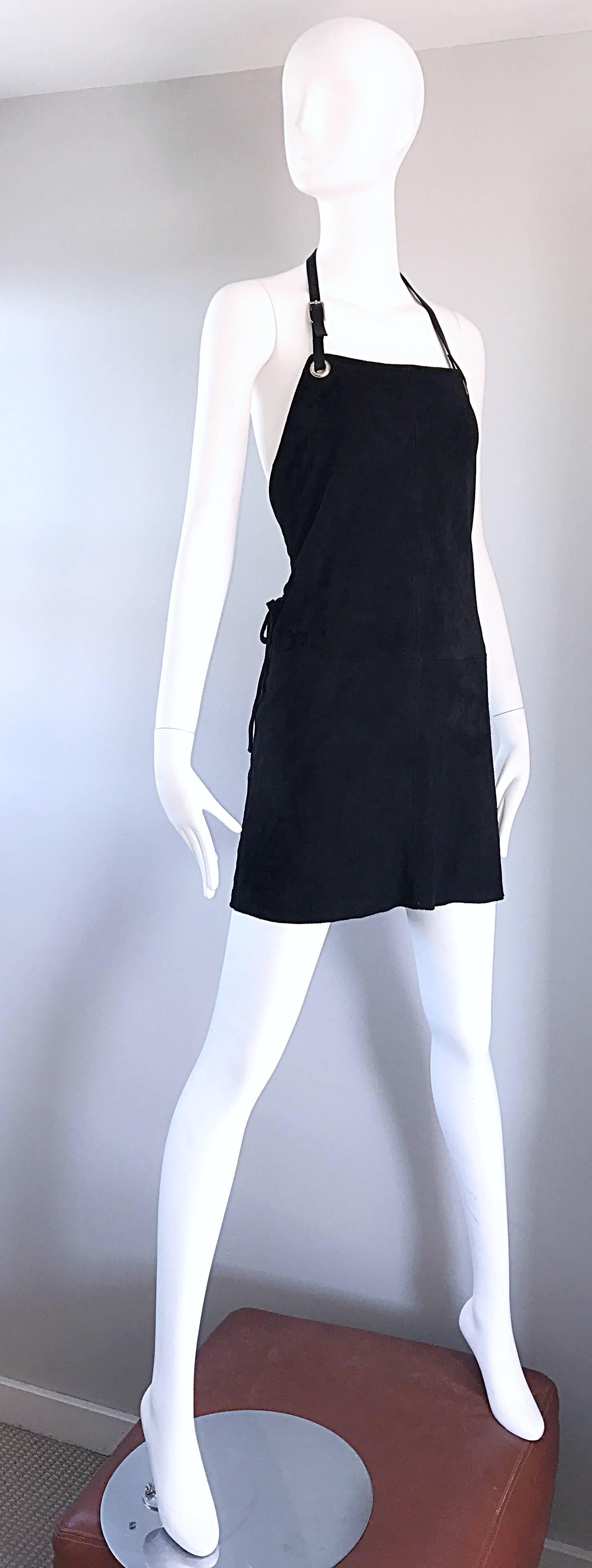 Women's Helmut Lang Early 1990s Rare Black Leather Suede Apron Halter Dress Vintage 90s For Sale