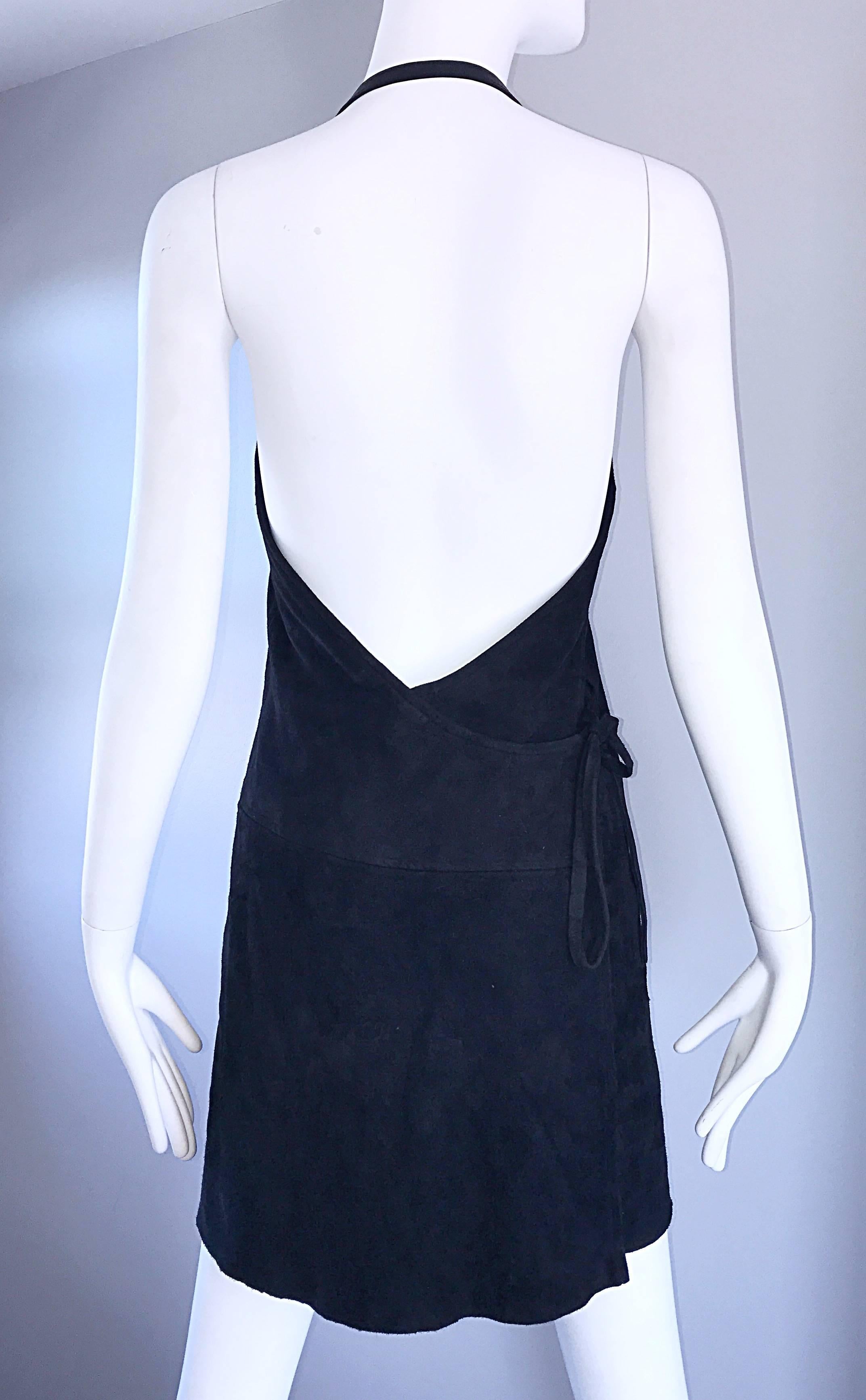 Helmut Lang principios de los 90 Raro Delantal de cuero negro de ante Vestido Halter Vintage 90s en venta 3