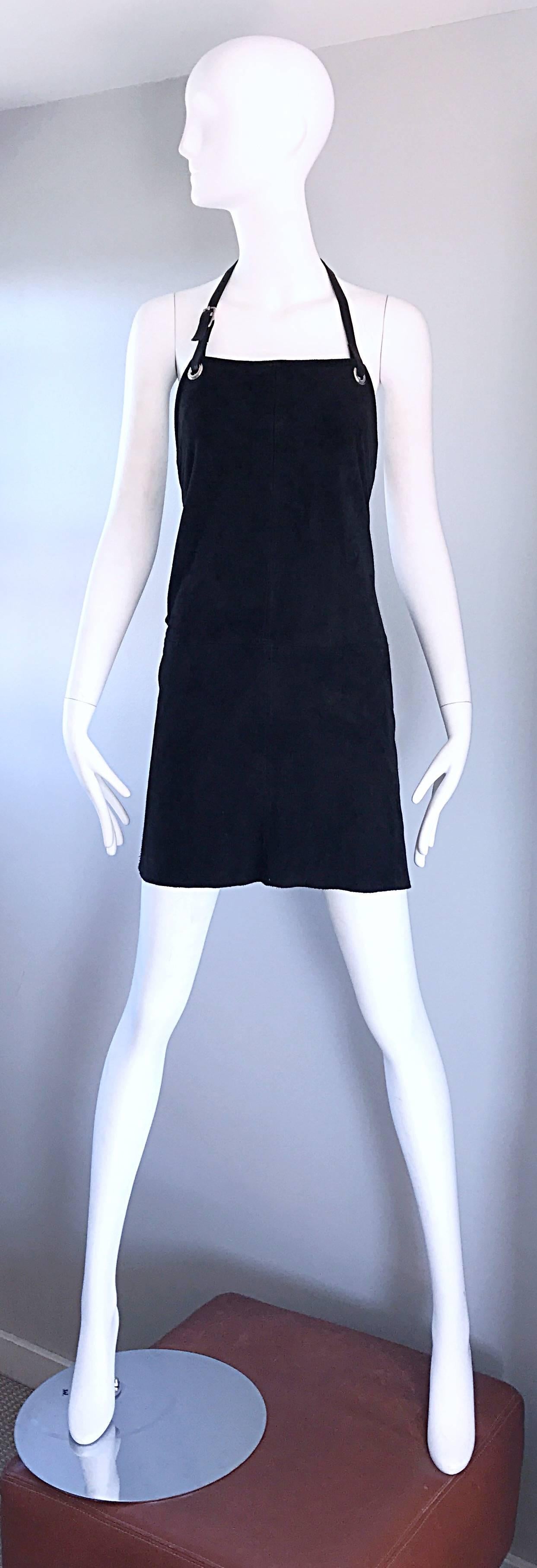 Helmut Lang Early 1990s Rare Black Leather Suede Apron Halter Dress Vintage 90s For Sale 3