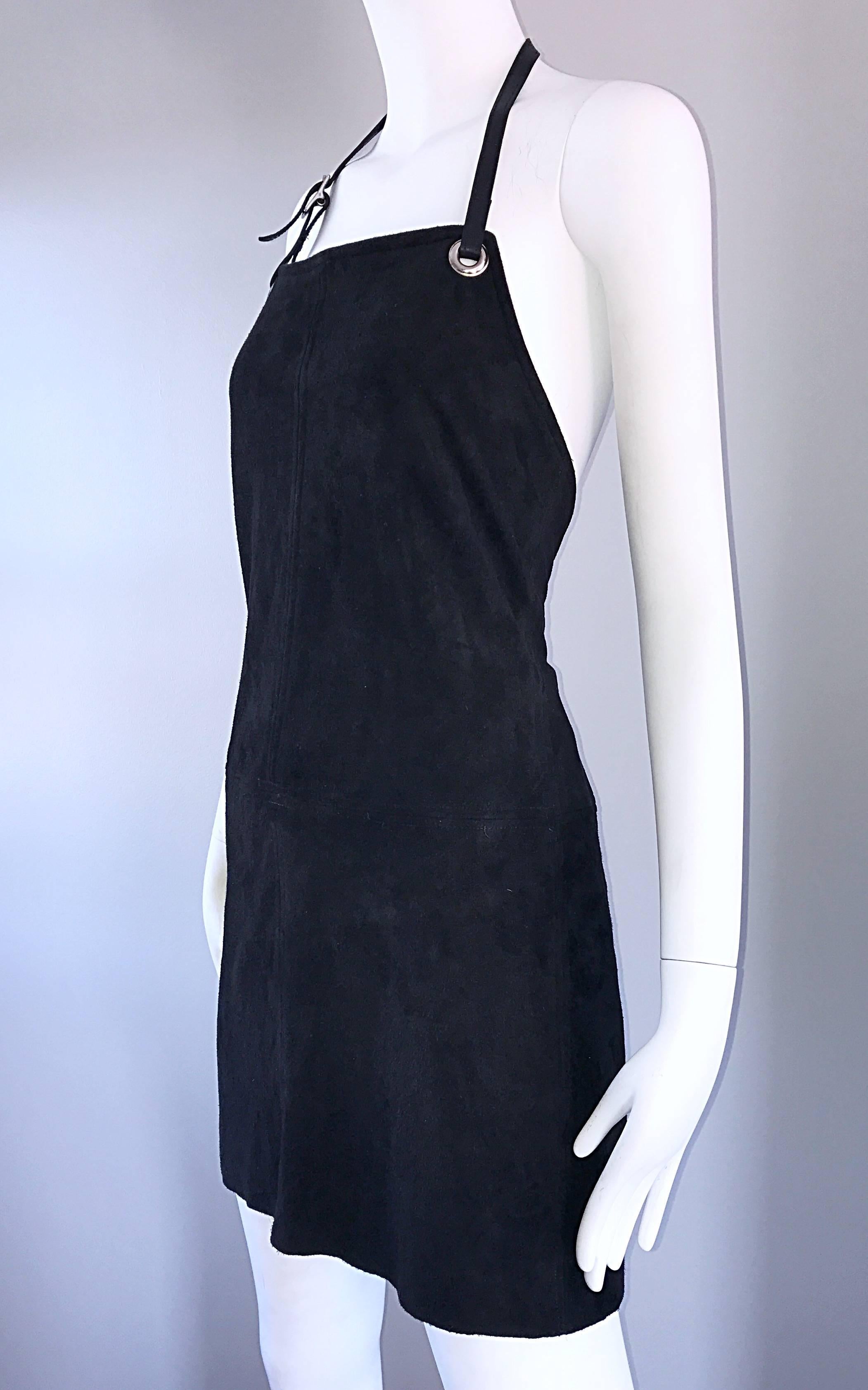 Helmut Lang Early 1990s Rare Black Leather Suede Apron Halter Dress Vintage 90s For Sale 2