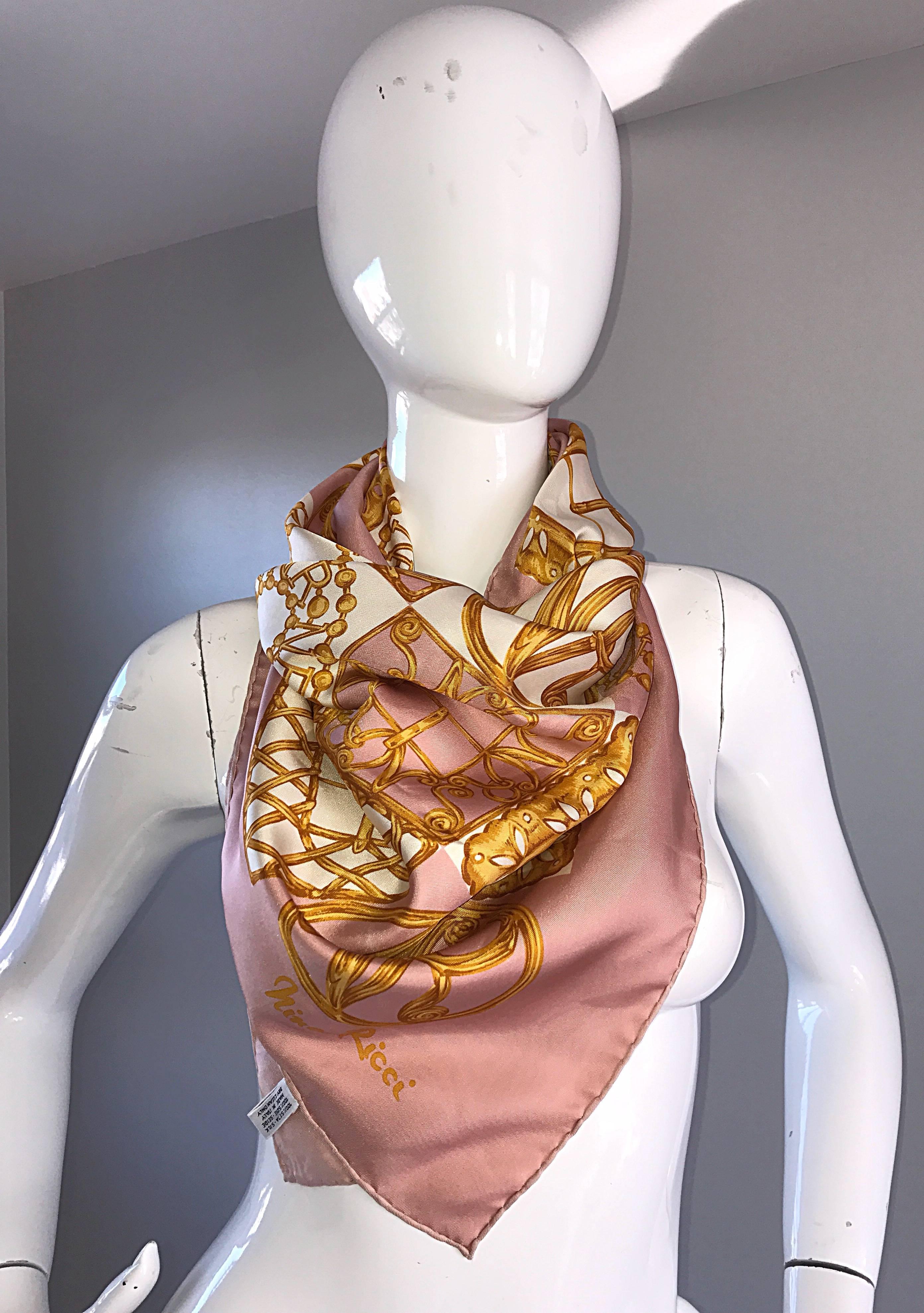 Beige 1970s Nina Ricci Couture Pink and Gold Trompe L'Oeil Silk Oversized Scarf Shawl For Sale