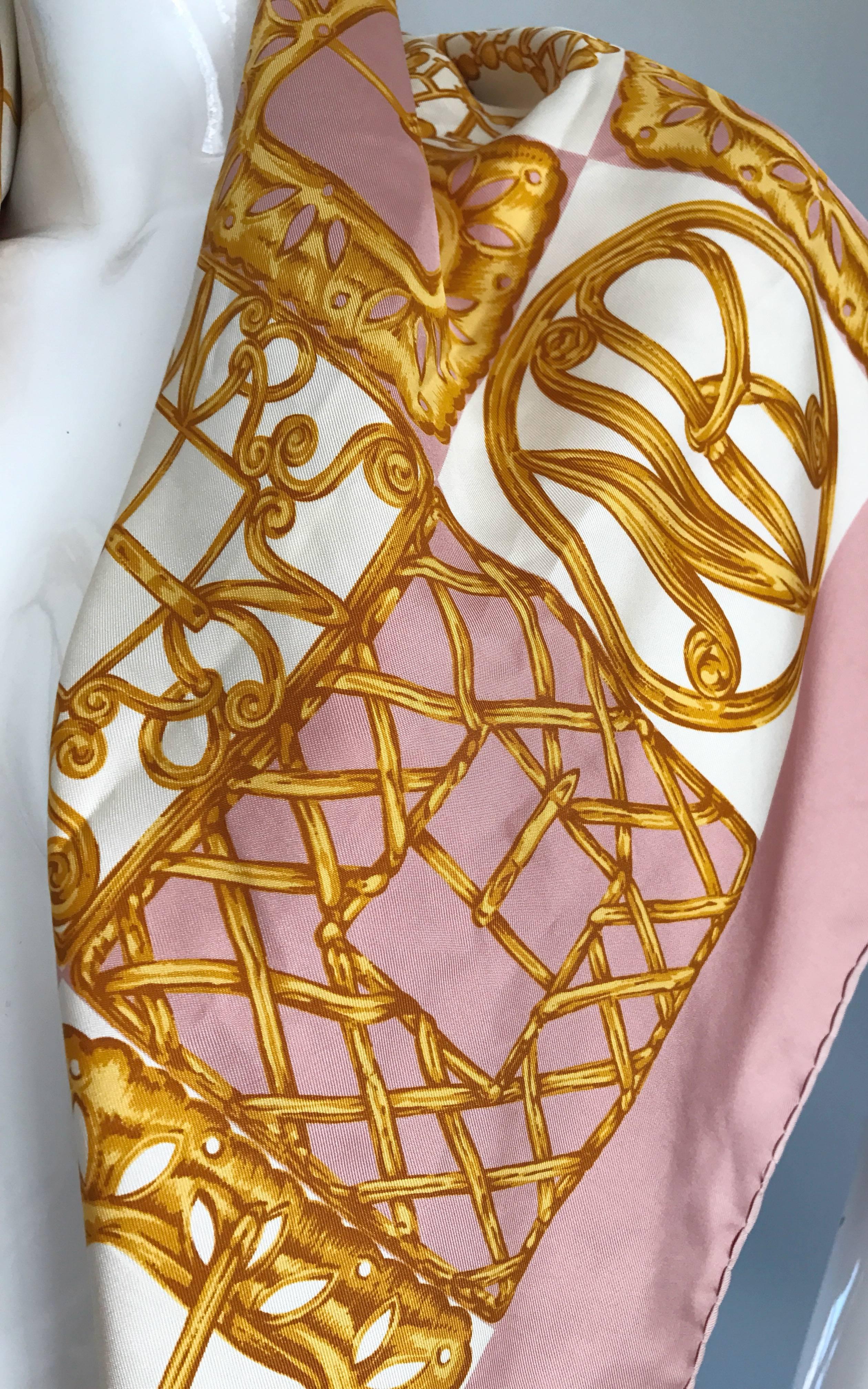 1970s Nina Ricci Couture Pink and Gold Trompe L'Oeil Silk Oversized Scarf Shawl In Excellent Condition For Sale In San Diego, CA