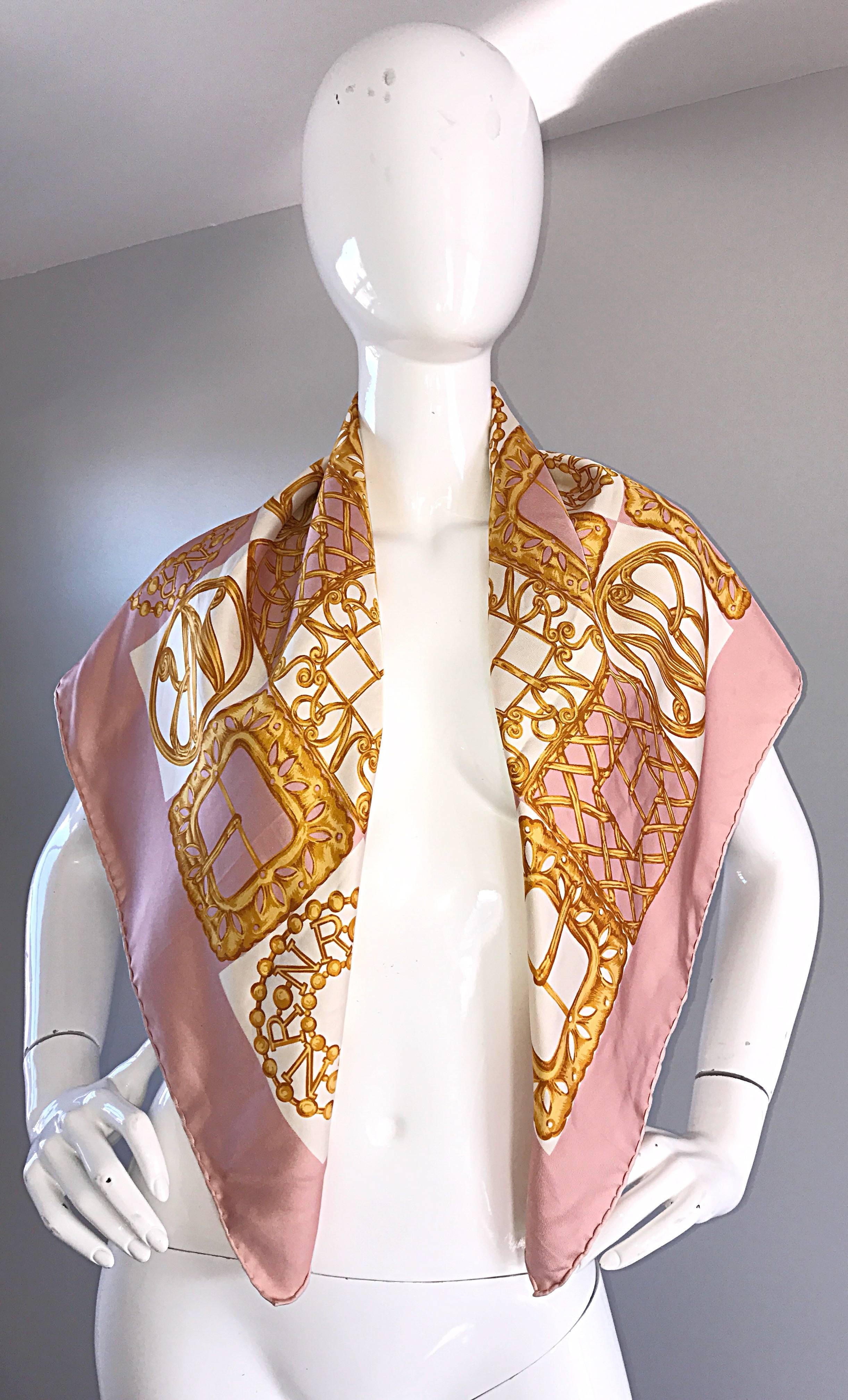 1970s Nina Ricci Couture Pink and Gold Trompe L'Oeil Silk Oversized Scarf Shawl For Sale 2