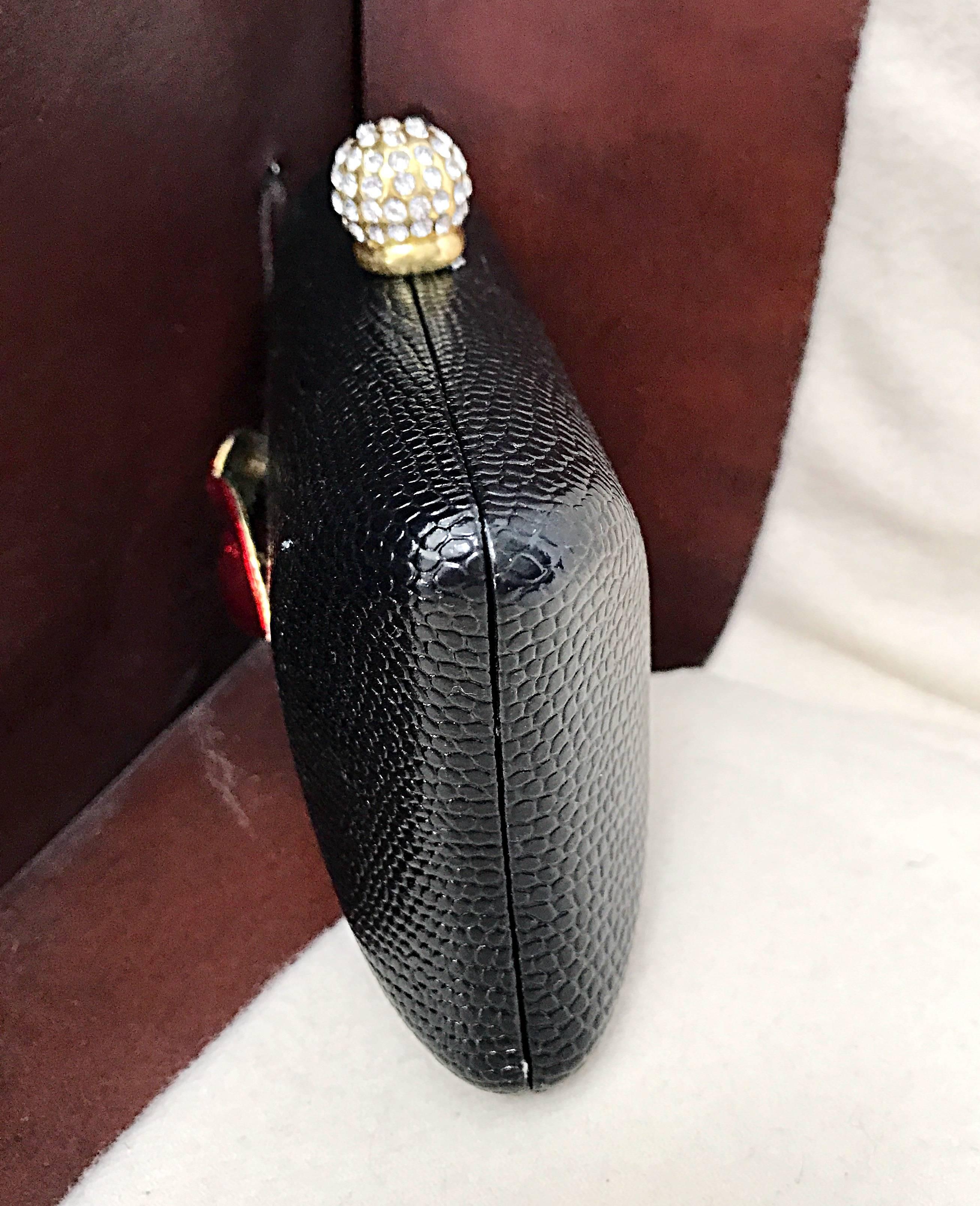 Rare Iris Lane Vintage 90s Black Red Lips Lizard Minaudière Convertible Clutch  In Excellent Condition In San Diego, CA