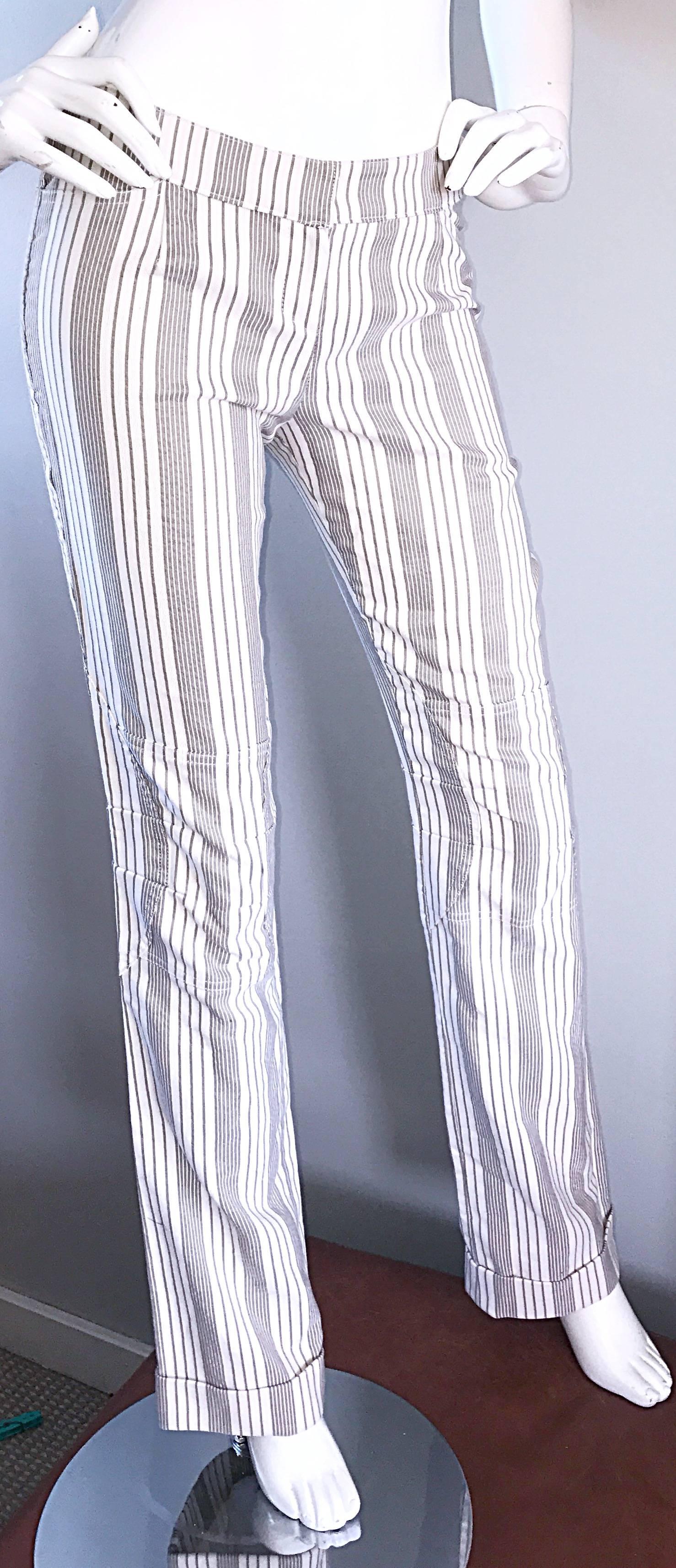 Christian Dior John Galliano Y2K Gray and White Pinstripe Flared Leg Trousers In Excellent Condition For Sale In San Diego, CA