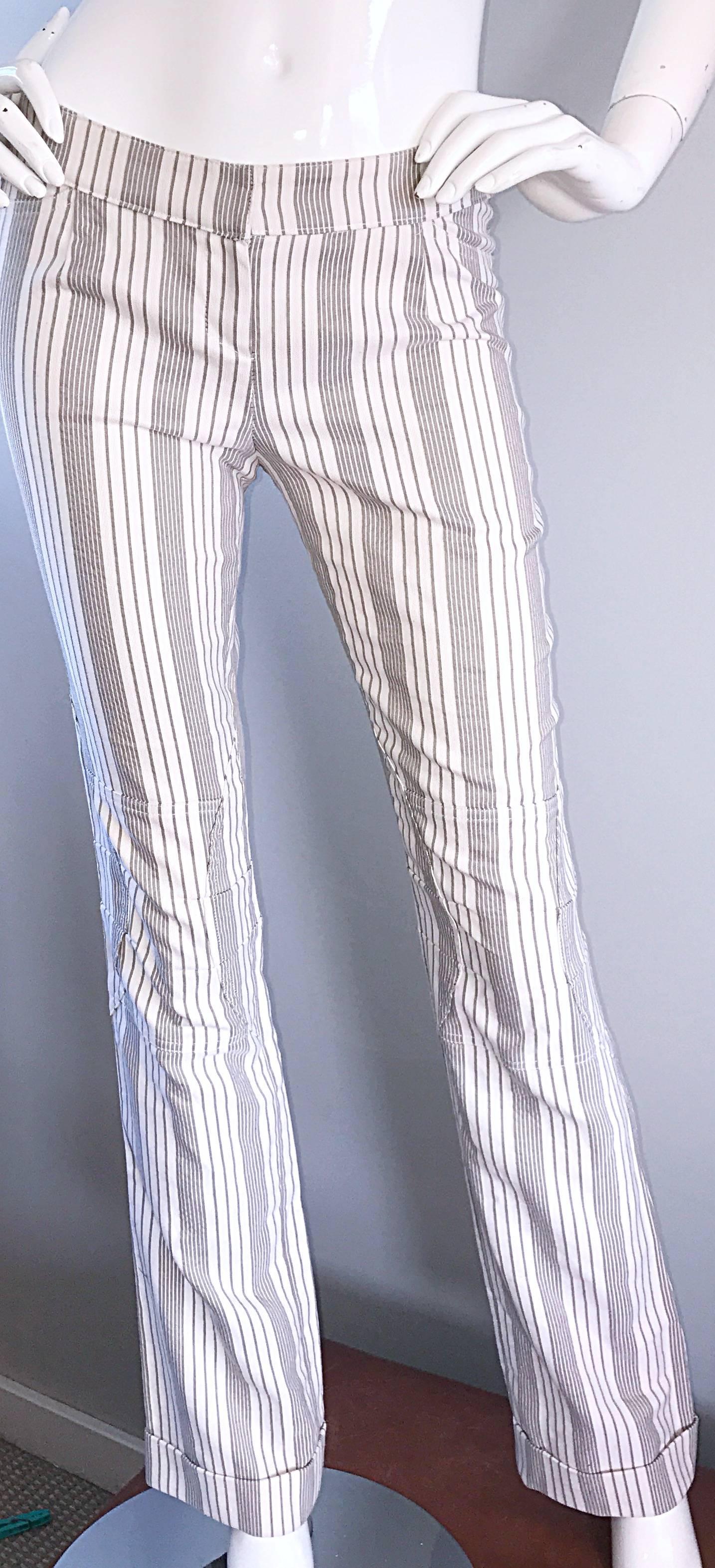 Women's Christian Dior John Galliano Y2K Gray and White Pinstripe Flared Leg Trousers For Sale