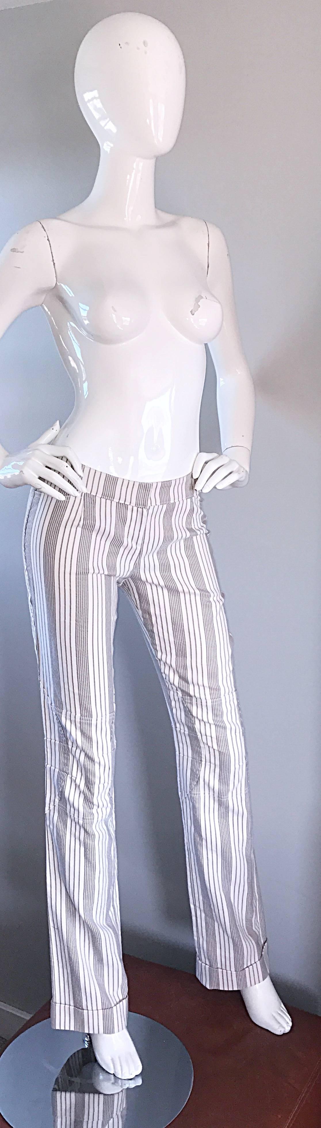 Christian Dior John Galliano Y2K Gray and White Pinstripe Flared Leg Trousers For Sale 1