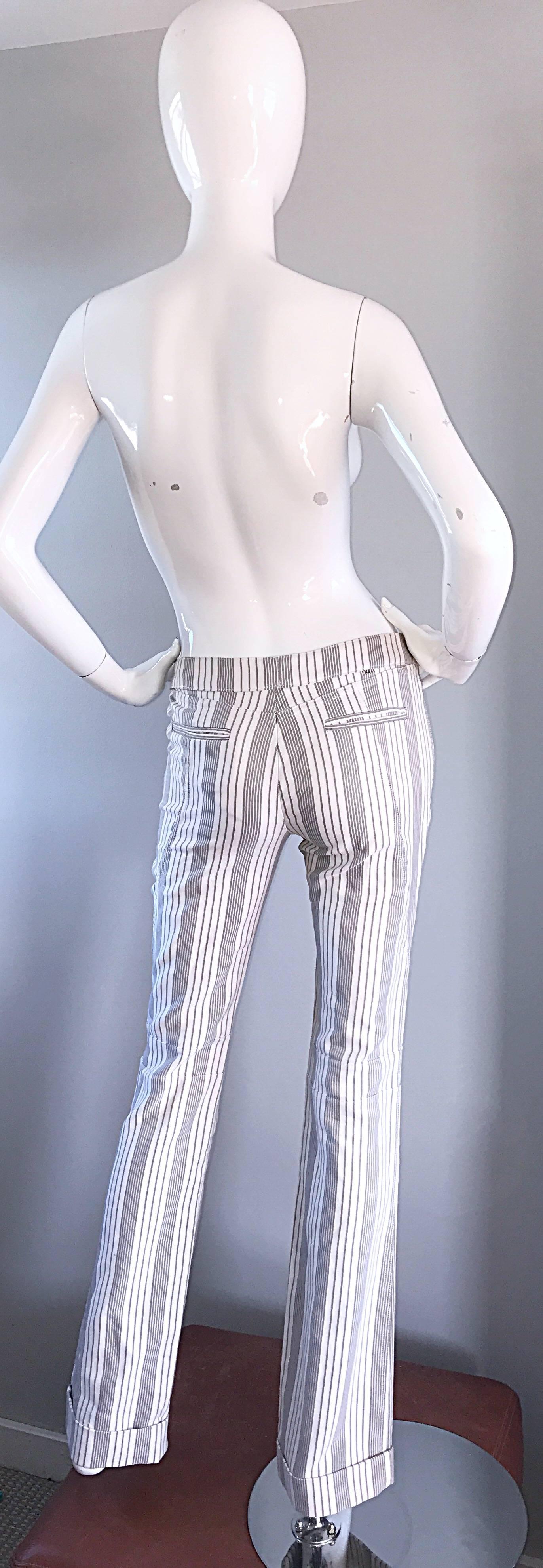 Christian Dior John Galliano Y2K Gray and White Pinstripe Flared Leg Trousers For Sale 2