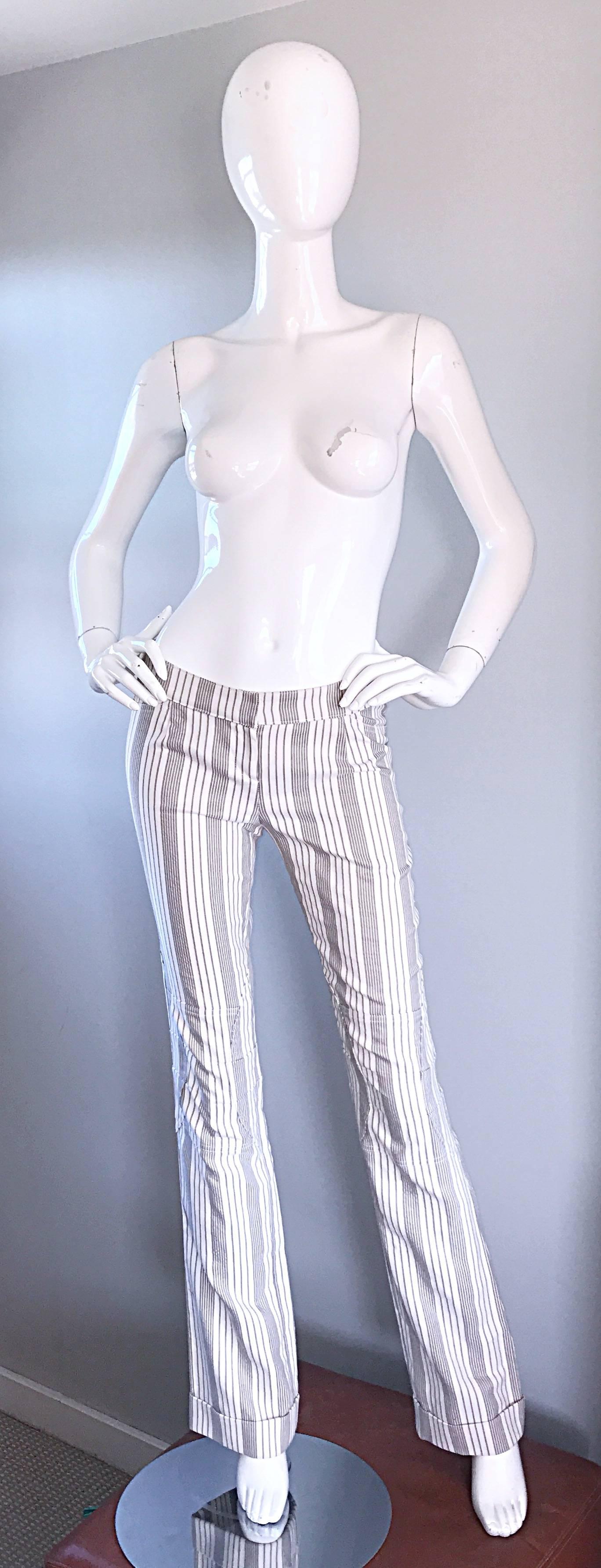 Christian Dior John Galliano Y2K Gray and White Pinstripe Flared Leg Trousers For Sale 3