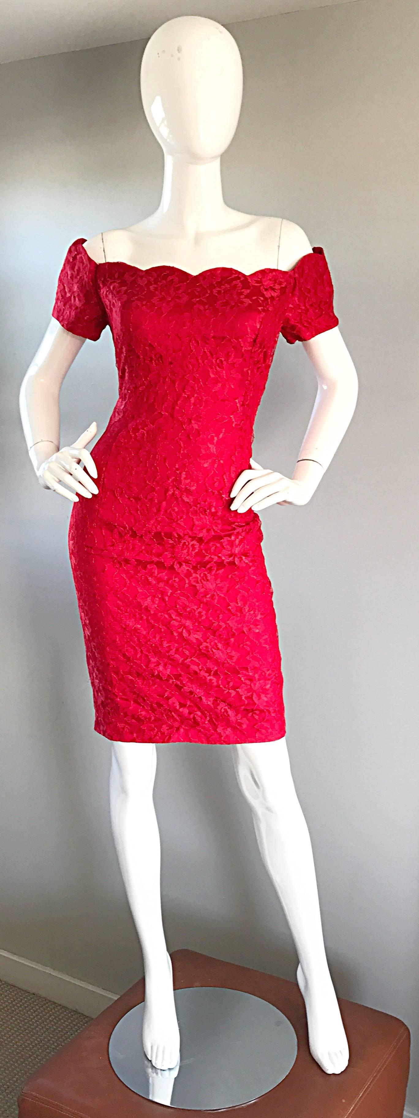 Amazing 90s lipstick red scalloped off-the-shoulder French Cantily lace cocktail dress! Feature intricate hand sewn French lace. Hidden zipper up the back. Scalloped edges at bodice and sleeves. Looks amazing on! Great belted or alone. Perfect with