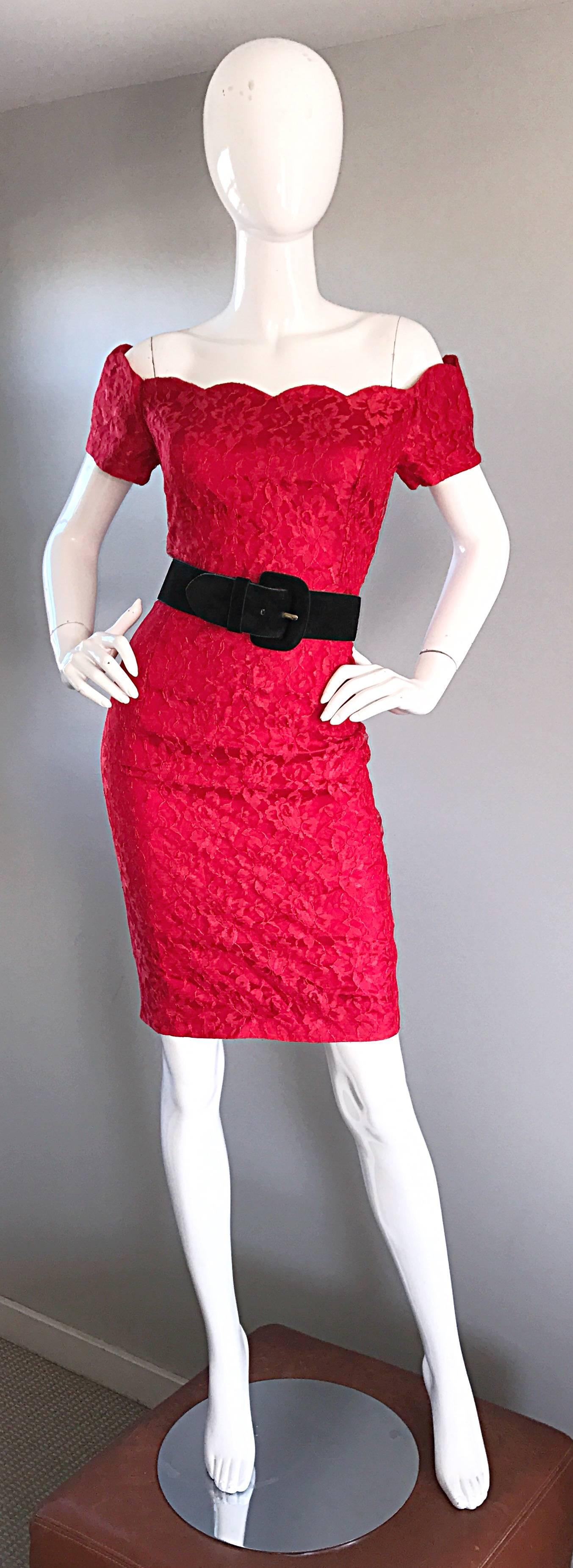  1990s Insanely Sexy Lipstick Red French Lace Off The Shoulder Scalloped Dress In Excellent Condition In San Diego, CA