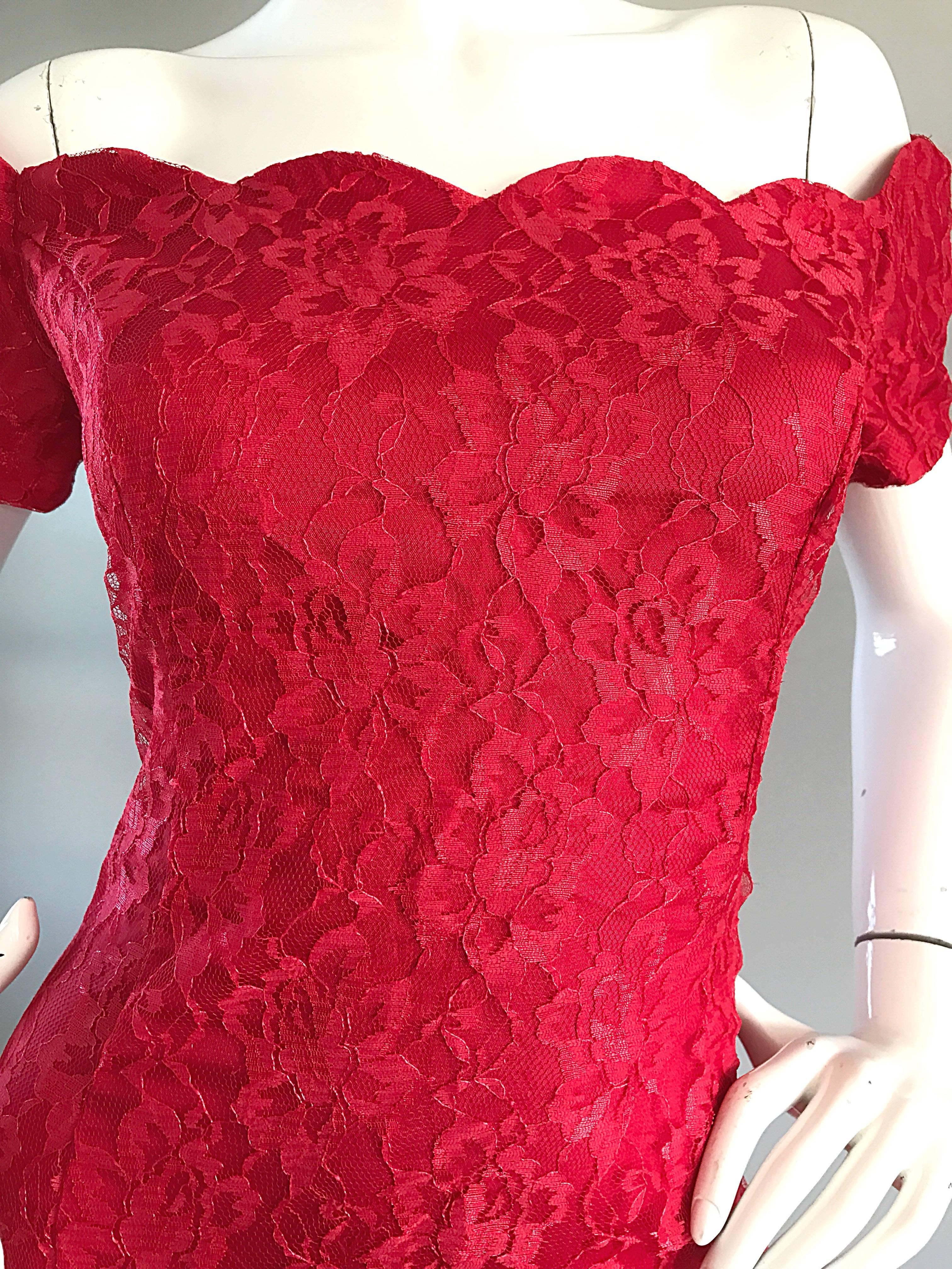 Women's  1990s Insanely Sexy Lipstick Red French Lace Off The Shoulder Scalloped Dress
