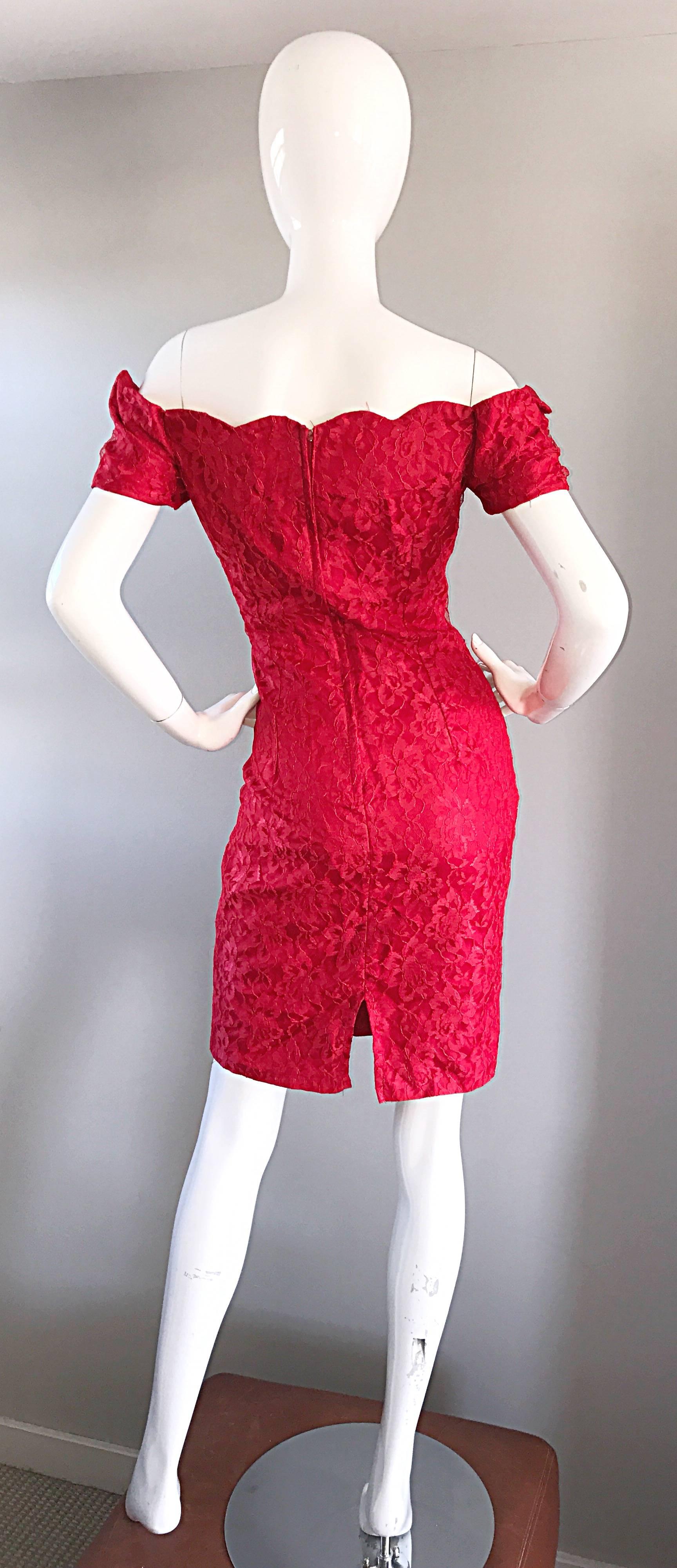  1990s Insanely Sexy Lipstick Red French Lace Off The Shoulder Scalloped Dress 1