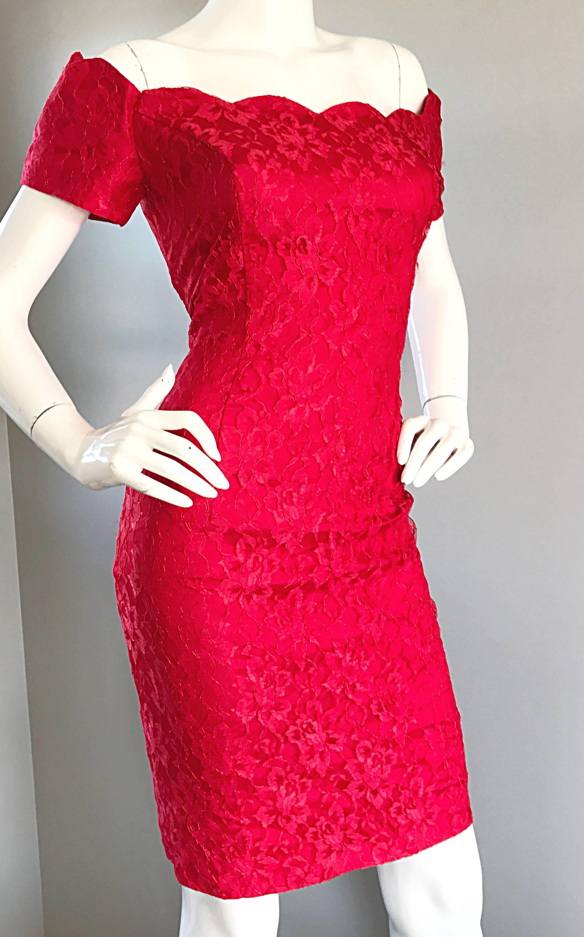  1990s Insanely Sexy Lipstick Red French Lace Off The Shoulder Scalloped Dress 2