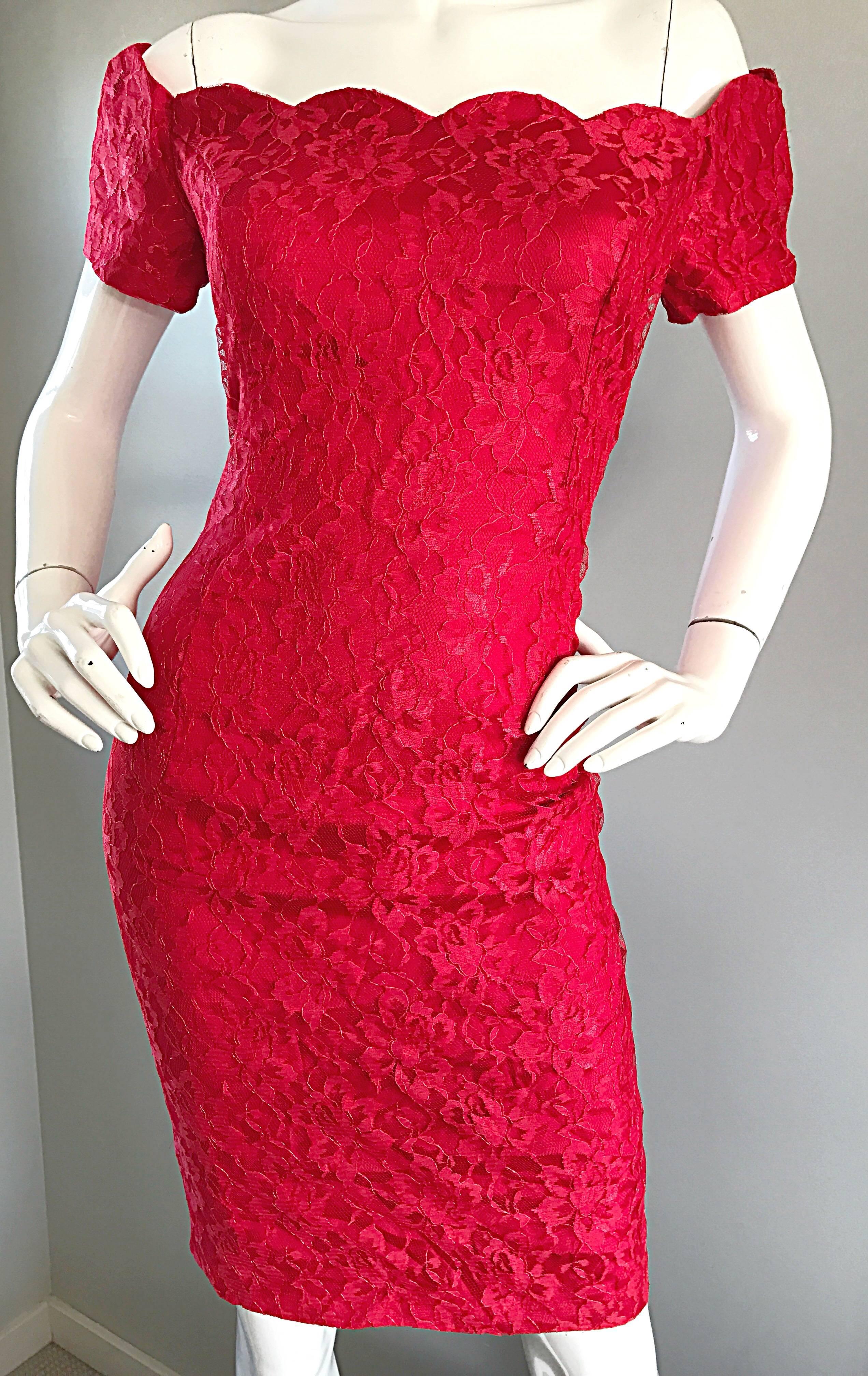 1990s Insanely Sexy Lipstick Red French Lace Off The Shoulder Scalloped Dress 3