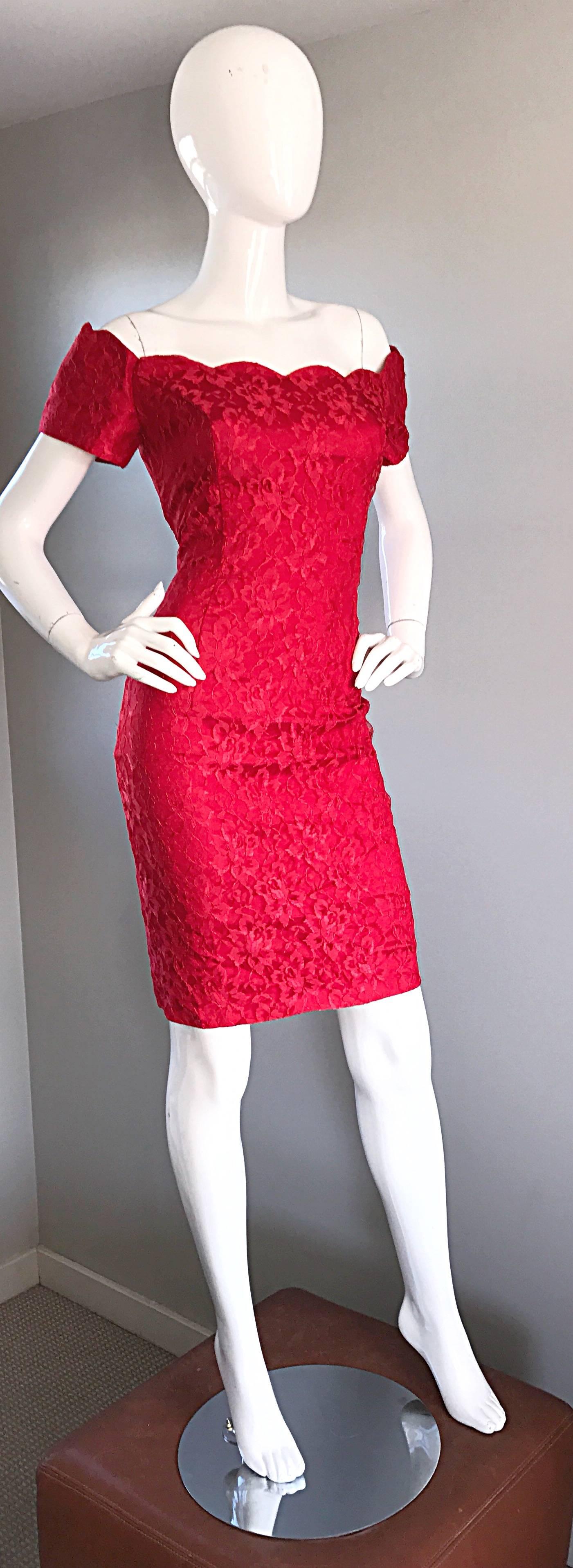  1990s Insanely Sexy Lipstick Red French Lace Off The Shoulder Scalloped Dress 4
