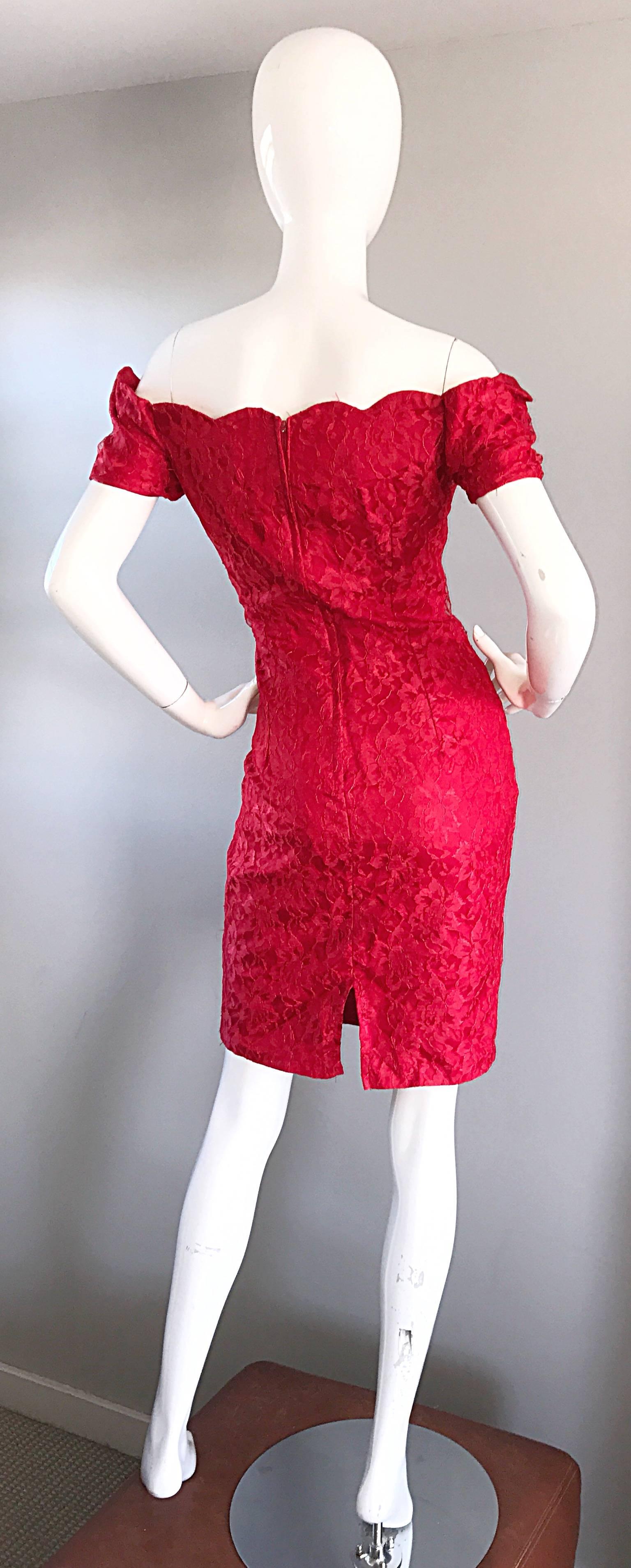  1990s Insanely Sexy Lipstick Red French Lace Off The Shoulder Scalloped Dress 5