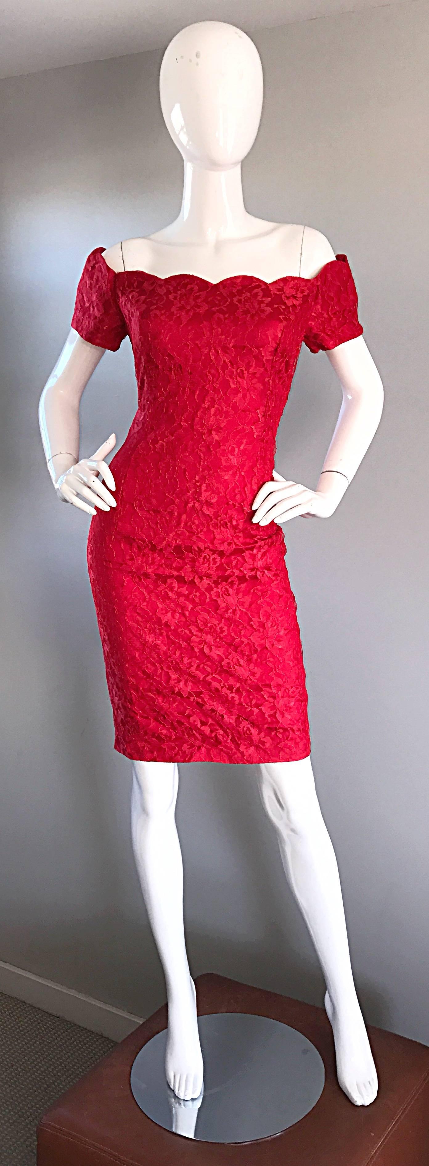  1990s Insanely Sexy Lipstick Red French Lace Off The Shoulder Scalloped Dress 6