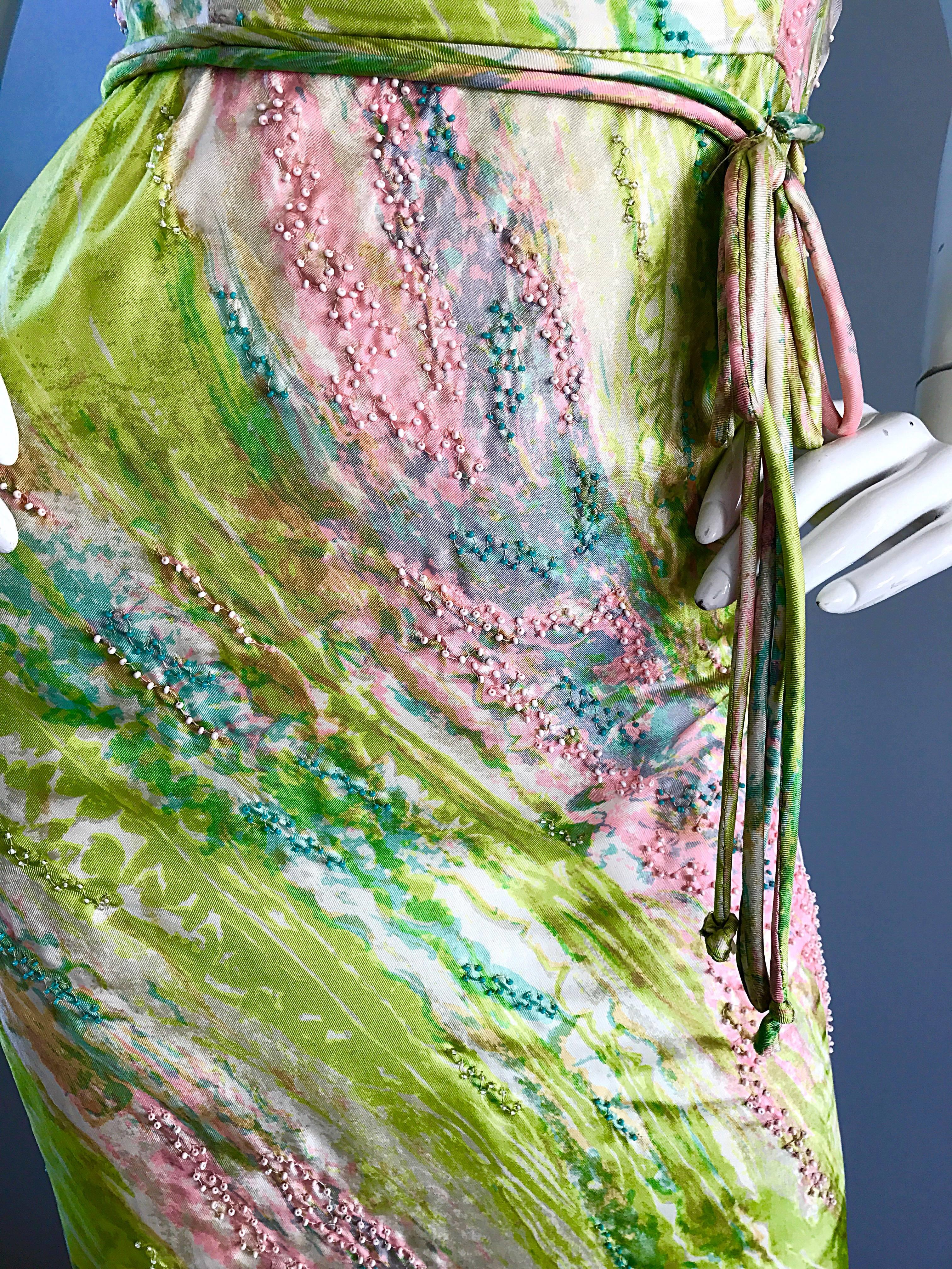 1950er Saks Fifth Avenue Aquarell Demi Couture Vintage 50er Jahre Kleid aus Seide mit Perlen im Zustand „Hervorragend“ im Angebot in San Diego, CA