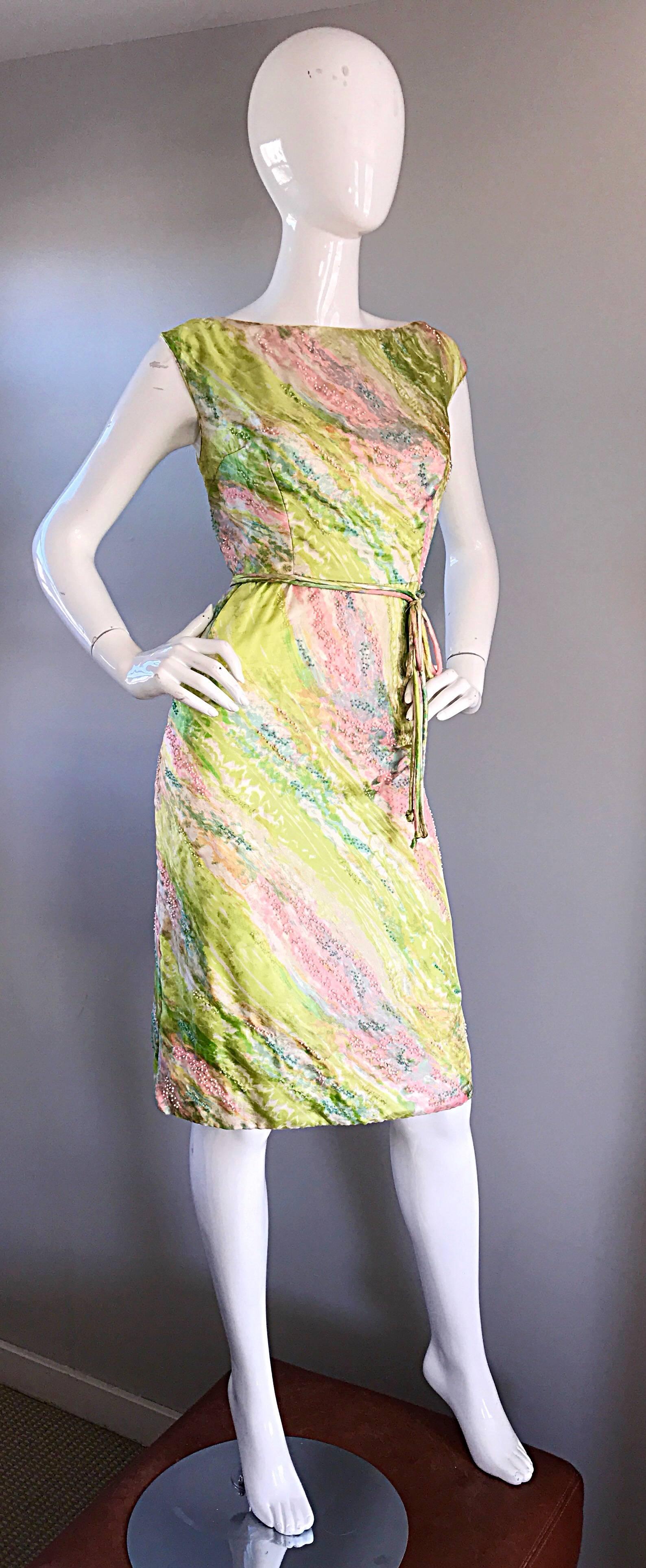1950s Saks Fifth Avenue Watercolor Demi Couture Beaded Silk Vintage 50s Dress In Excellent Condition For Sale In San Diego, CA