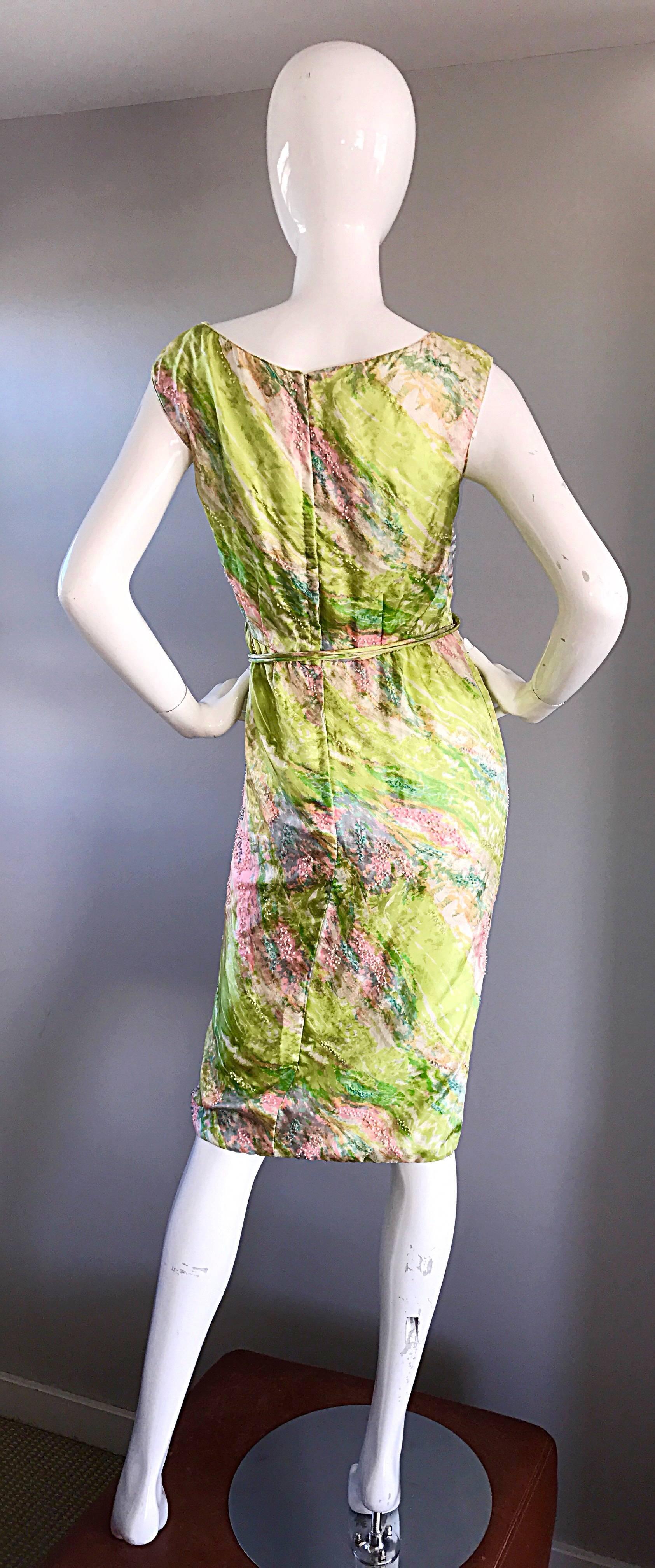 Women's 1950s Saks Fifth Avenue Watercolor Demi Couture Beaded Silk Vintage 50s Dress For Sale