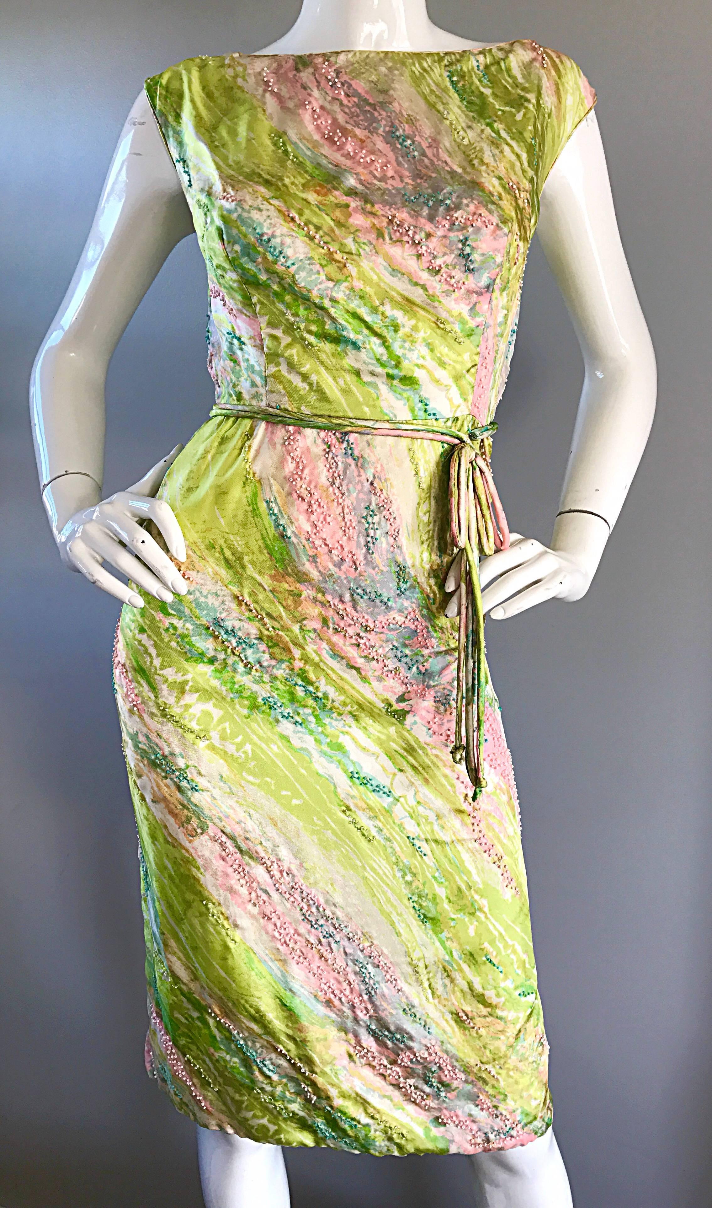 1950er Saks Fifth Avenue Aquarell Demi Couture Vintage 50er Jahre Kleid aus Seide mit Perlen im Angebot 2