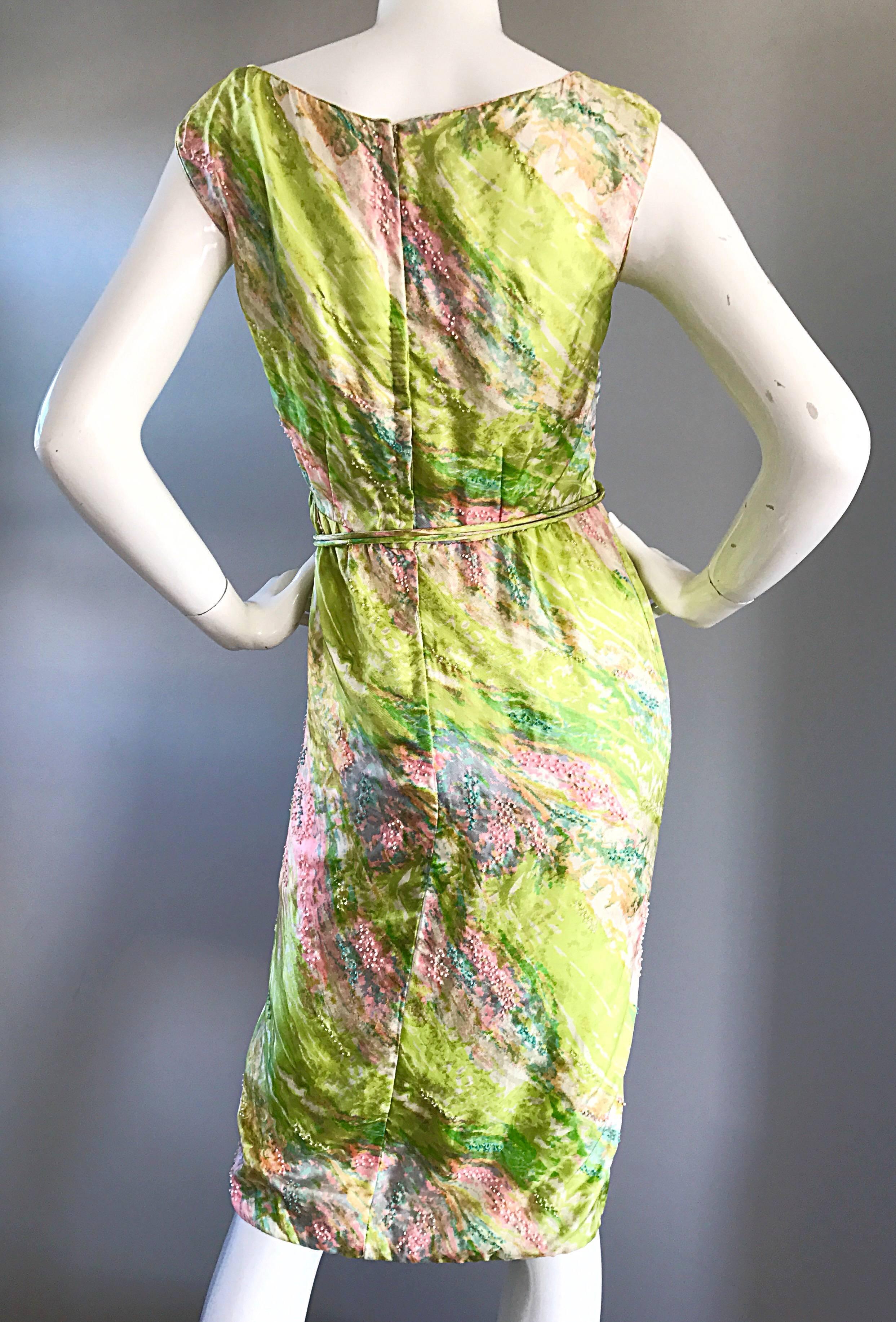 1950s Saks Fifth Avenue Watercolor Demi Couture Beaded Silk Vintage 50s Dress For Sale 2